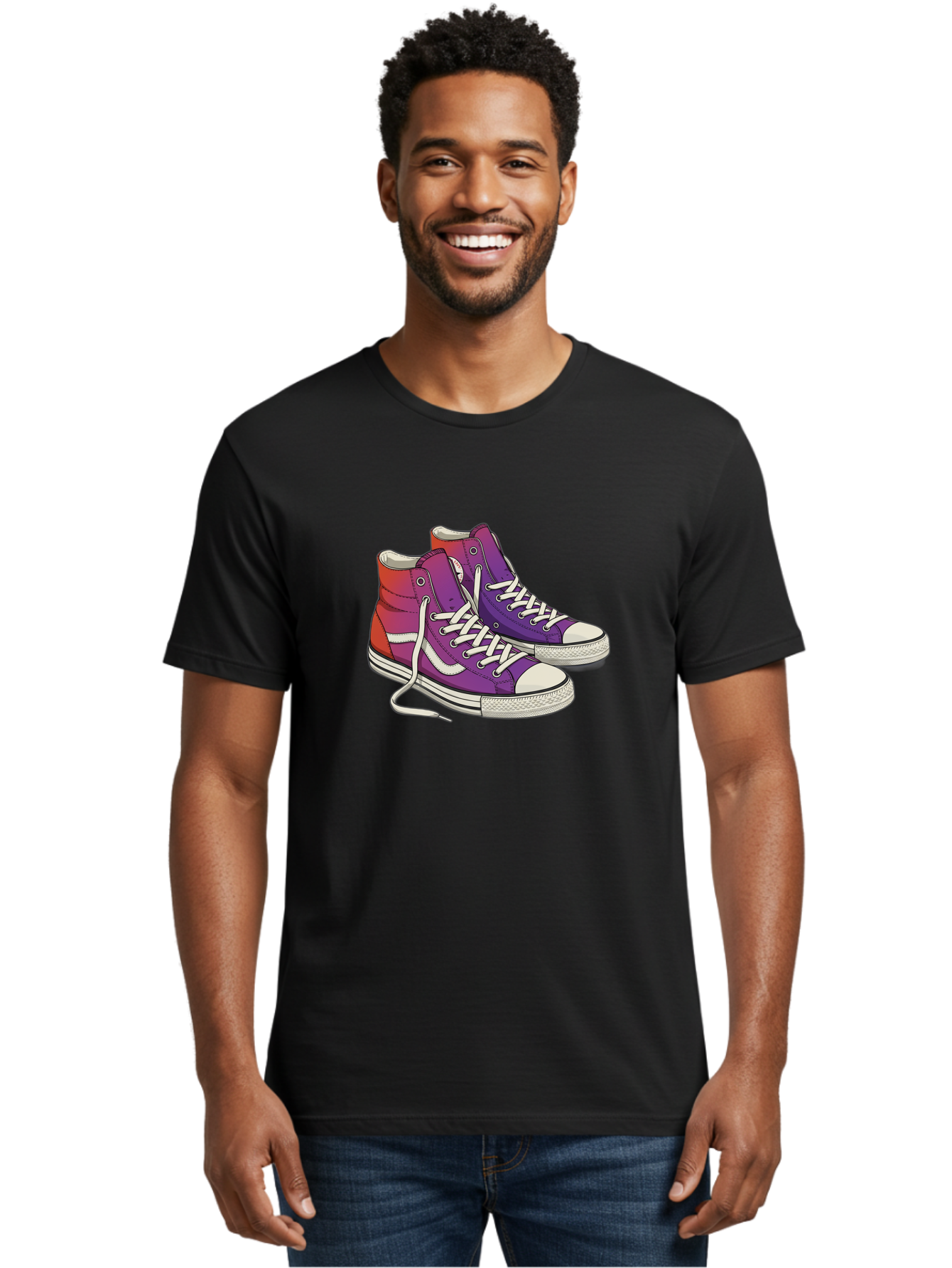 Purple-Sneakers Men'S Graphic Tee, 100% Cotton, Comfortable Casual Summer Wear, Machine Washable, Purple Sneakers, High-Top Shoes, White Laces, Canvas Sneakers, Fashion Footwear, Ombre Effect, Red To Purple Gradient Bab267 24