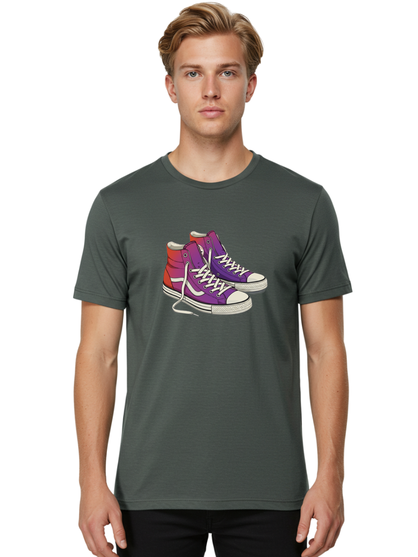 Purple-Sneakers Men'S Graphic Tee, 100% Cotton, Comfortable Casual Summer Wear, Machine Washable, Purple Sneakers, High-Top Shoes, White Laces, Canvas Sneakers, Fashion Footwear, Ombre Effect, Red To Purple Gradient Bab267