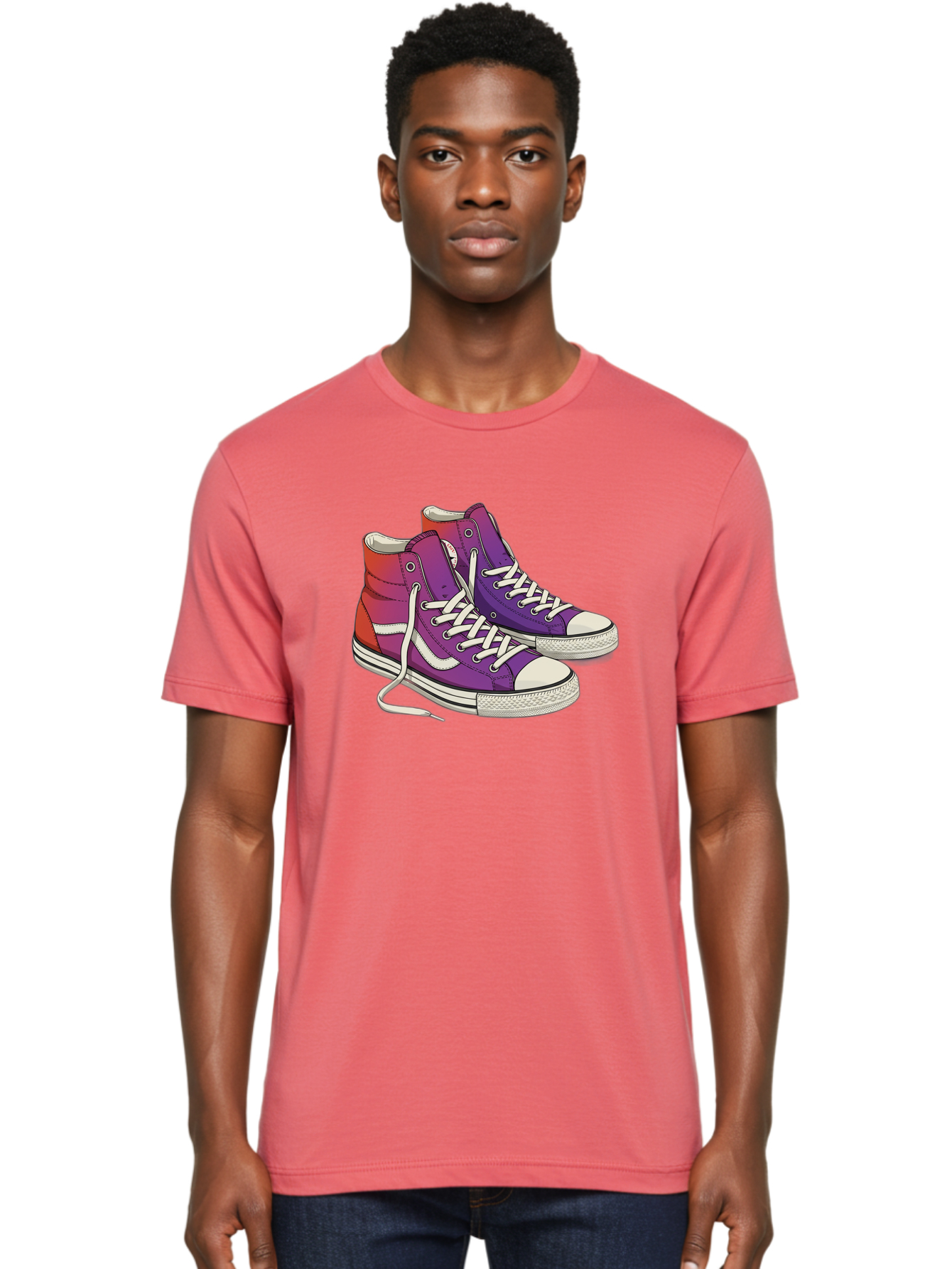 Purple-Sneakers Men'S Graphic Tee, 100% Cotton, Comfortable Casual Summer Wear, Machine Washable, Purple Sneakers, High-Top Shoes, White Laces, Canvas Sneakers, Fashion Footwear, Ombre Effect, Red To Purple Gradient Bab267 4