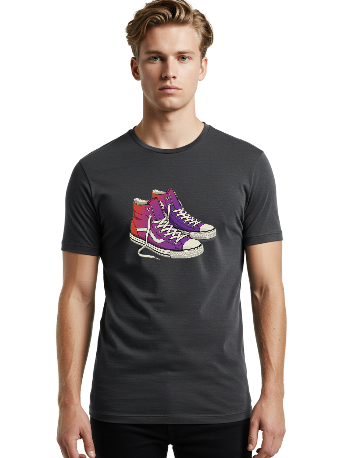 Purple-Sneakers Men'S Graphic Tee, 100% Cotton, Comfortable Casual Summer Wear, Machine Washable, Purple Sneakers, High-Top Shoes, White Laces, Canvas Sneakers, Fashion Footwear, Ombre Effect, Red To Purple Gradient Bab267 22