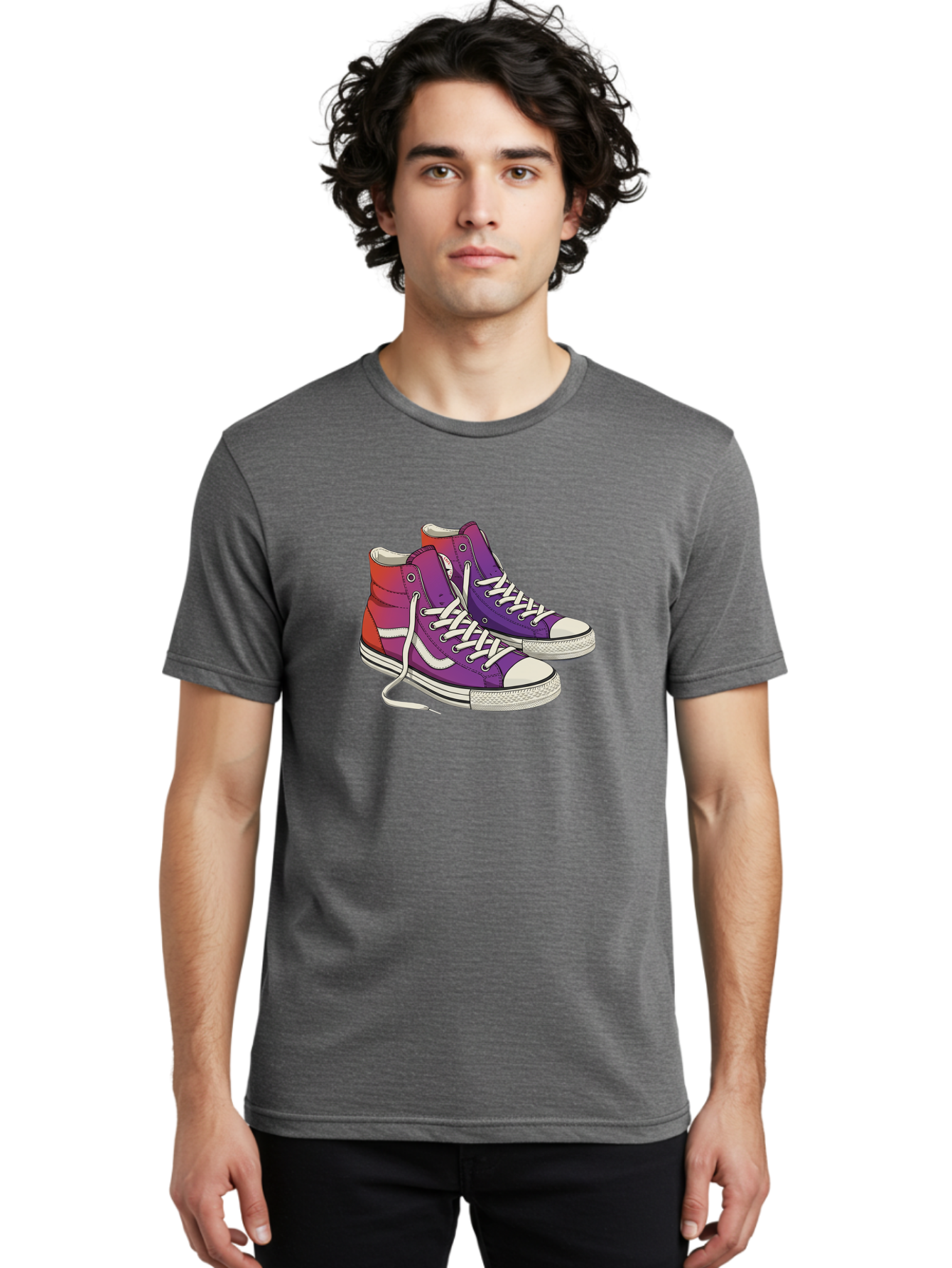 Purple-Sneakers Men'S Graphic Tee, 100% Cotton, Comfortable Casual Summer Wear, Machine Washable, Purple Sneakers, High-Top Shoes, White Laces, Canvas Sneakers, Fashion Footwear, Ombre Effect, Red To Purple Gradient Bab267 28