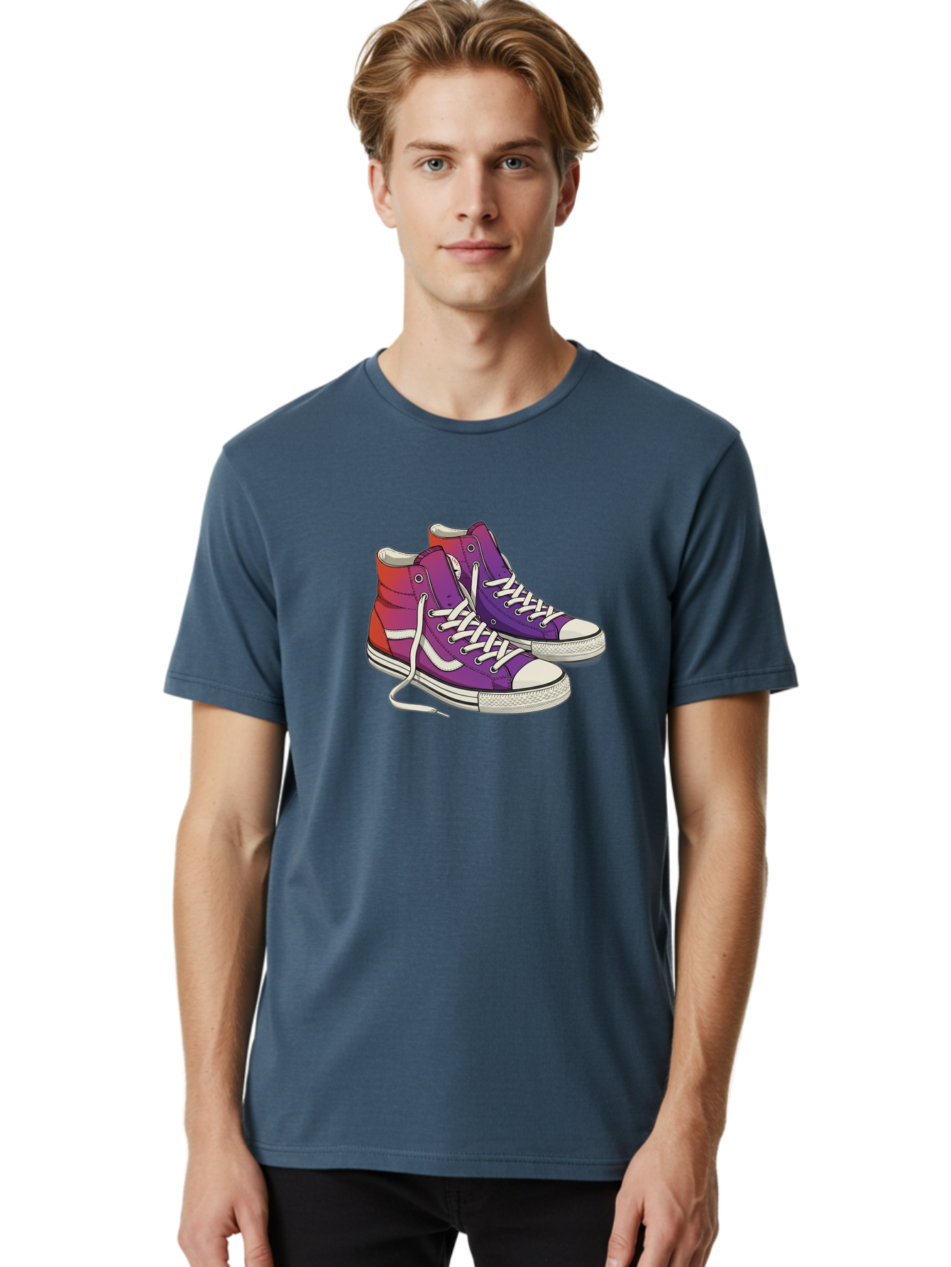 Purple-Sneakers Men'S Graphic Tee, 100% Cotton, Comfortable Casual Summer Wear, Machine Washable, Purple Sneakers, High-Top Shoes, White Laces, Canvas Sneakers, Fashion Footwear, Ombre Effect, Red To Purple Gradient Bab267 18