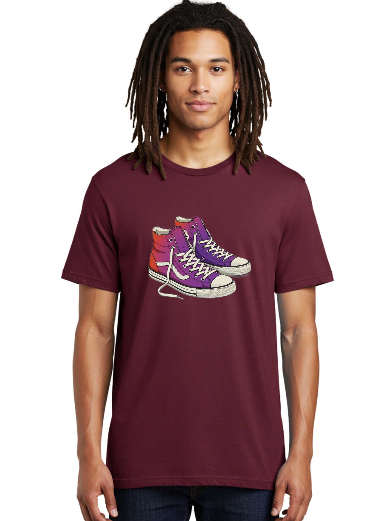 Purple-Sneakers Men'S Graphic Tee, 100% Cotton, Comfortable Casual Summer Wear, Machine Washable, Purple Sneakers, High-Top Shoes, White Laces, Canvas Sneakers, Fashion Footwear, Ombre Effect, Red To Purple Gradient Bab267 30