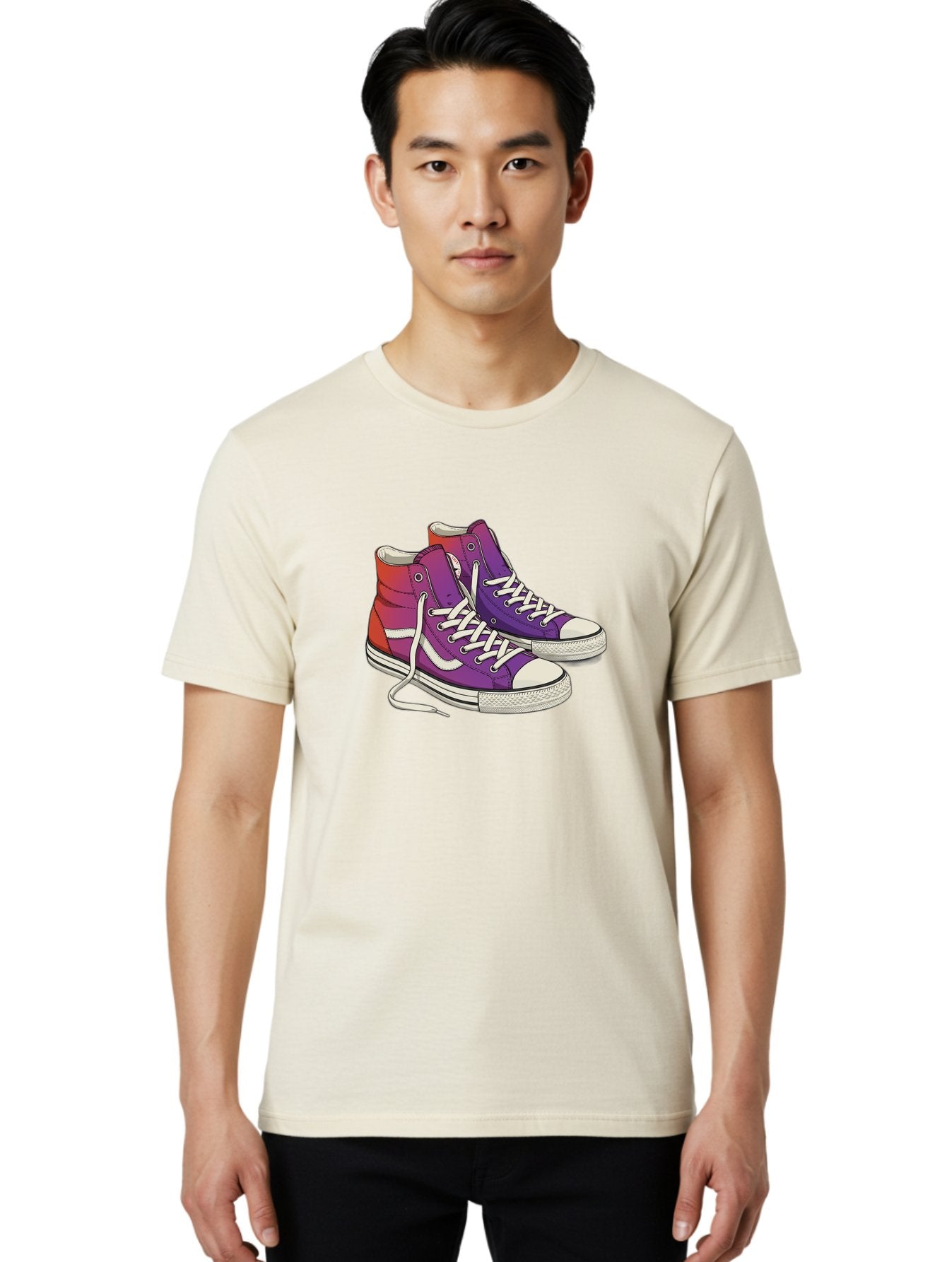 Purple-Sneakers Men'S Graphic Tee, 100% Cotton, Comfortable Casual Summer Wear, Machine Washable, Purple Sneakers, High-Top Shoes, White Laces, Canvas Sneakers, Fashion Footwear, Ombre Effect, Red To Purple Gradient Bab267 27