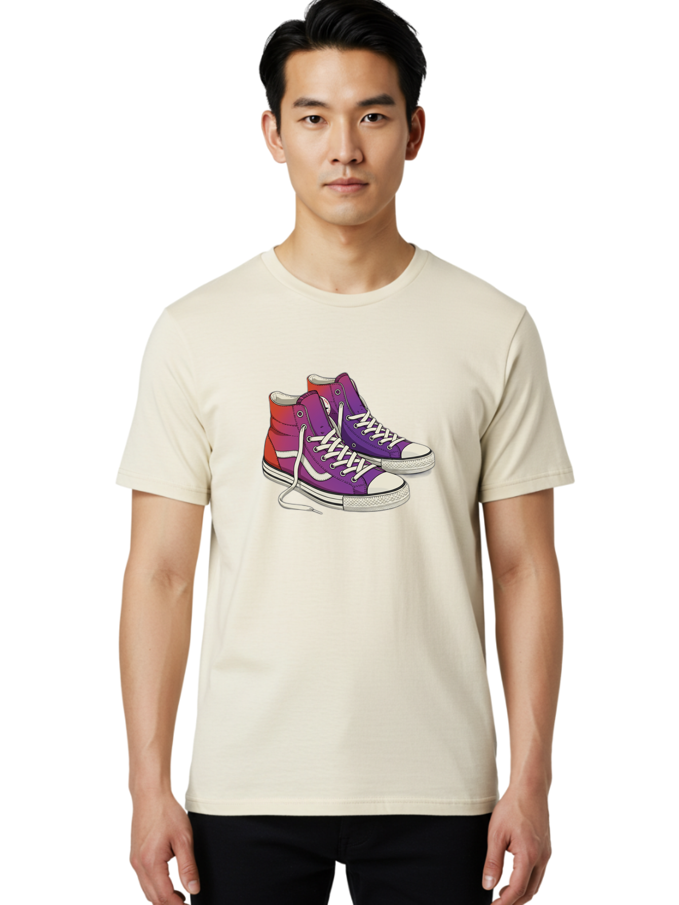 Purple-Sneakers Men'S Graphic Tee, 100% Cotton, Comfortable Casual Summer Wear, Machine Washable, Purple Sneakers, High-Top Shoes, White Laces, Canvas Sneakers, Fashion Footwear, Ombre Effect, Red To Purple Gradient Bab267 8