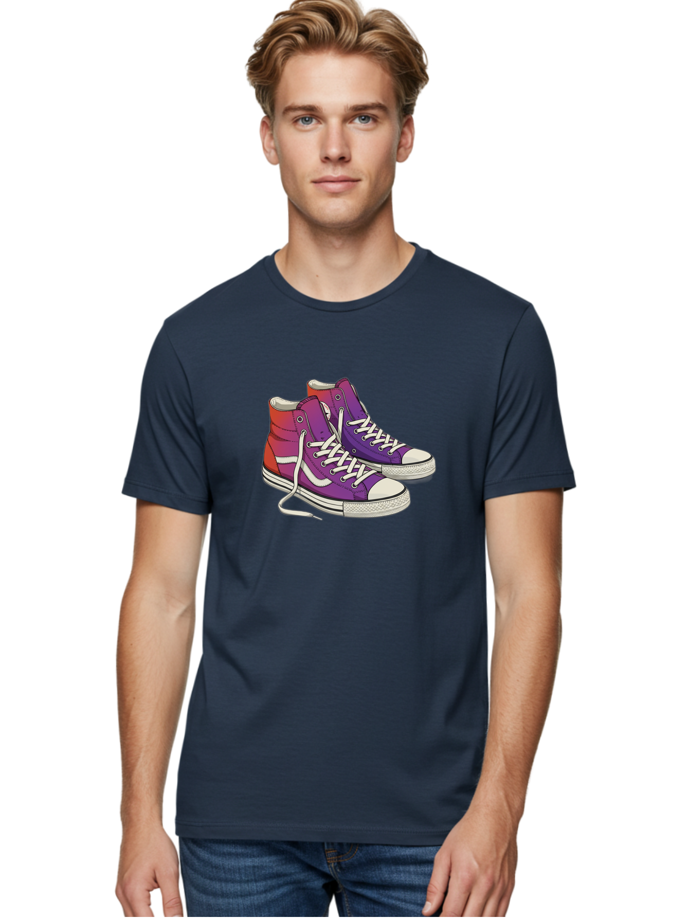 Purple-Sneakers Men'S Graphic Tee, 100% Cotton, Comfortable Casual Summer Wear, Machine Washable, Purple Sneakers, High-Top Shoes, White Laces, Canvas Sneakers, Fashion Footwear, Ombre Effect, Red To Purple Gradient Bab267 6