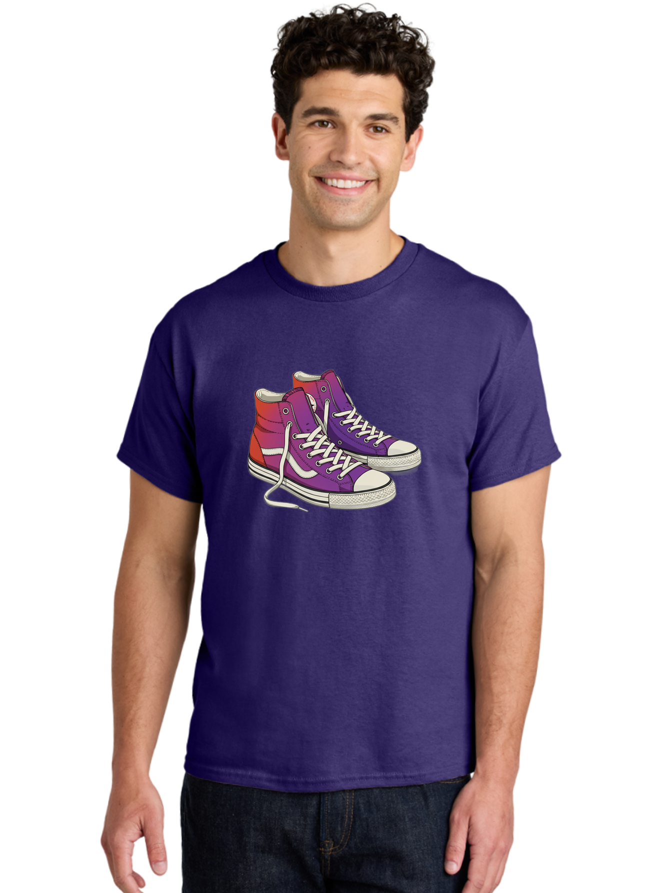 Purple-Sneakers Men'S Graphic Tee, 100% Cotton, Comfortable Casual Summer Wear, Machine Washable, Purple Sneakers, High-Top Shoes, White Laces, Canvas Sneakers, Fashion Footwear, Ombre Effect, Red To Purple Gradient Bab267 16