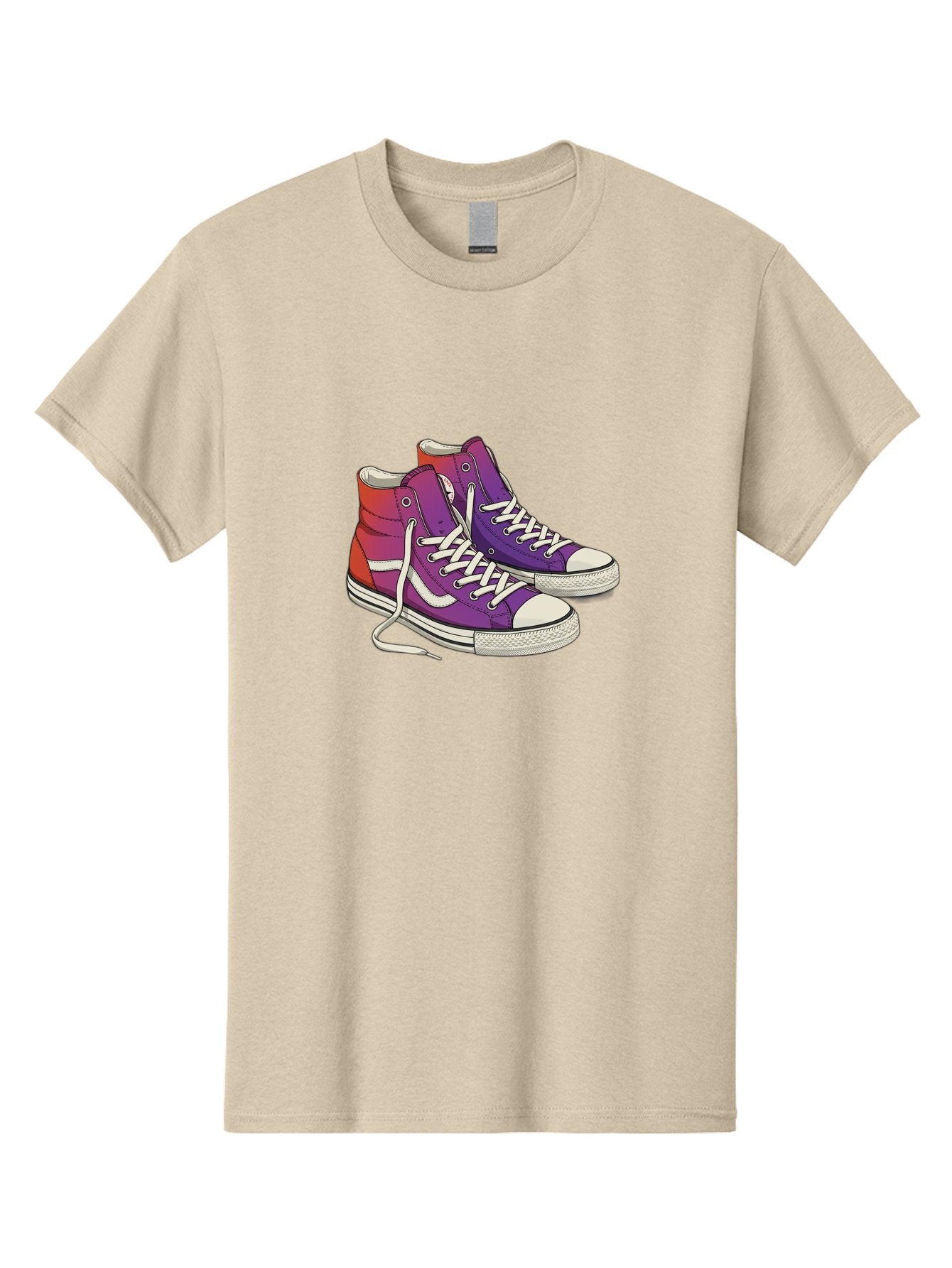 Purple-Sneakers Men'S Graphic Tee, 100% Cotton, Comfortable Casual Summer Wear, Machine Washable, Purple Sneakers, High-Top Shoes, White Laces, Canvas Sneakers, Fashion Footwear, Ombre Effect, Red To Purple Gradient Bab267