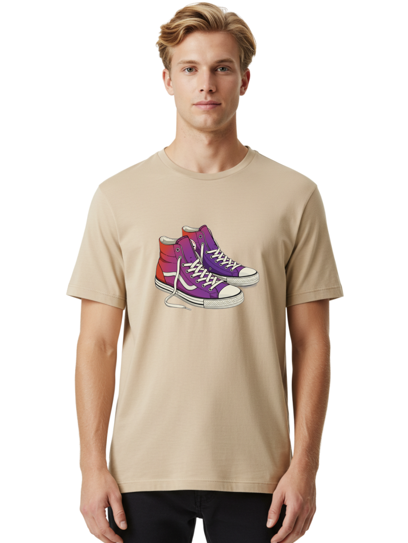 Purple-Sneakers Men'S Graphic Tee, 100% Cotton, Comfortable Casual Summer Wear, Machine Washable, Purple Sneakers, High-Top Shoes, White Laces, Canvas Sneakers, Fashion Footwear, Ombre Effect, Red To Purple Gradient Bab267 20