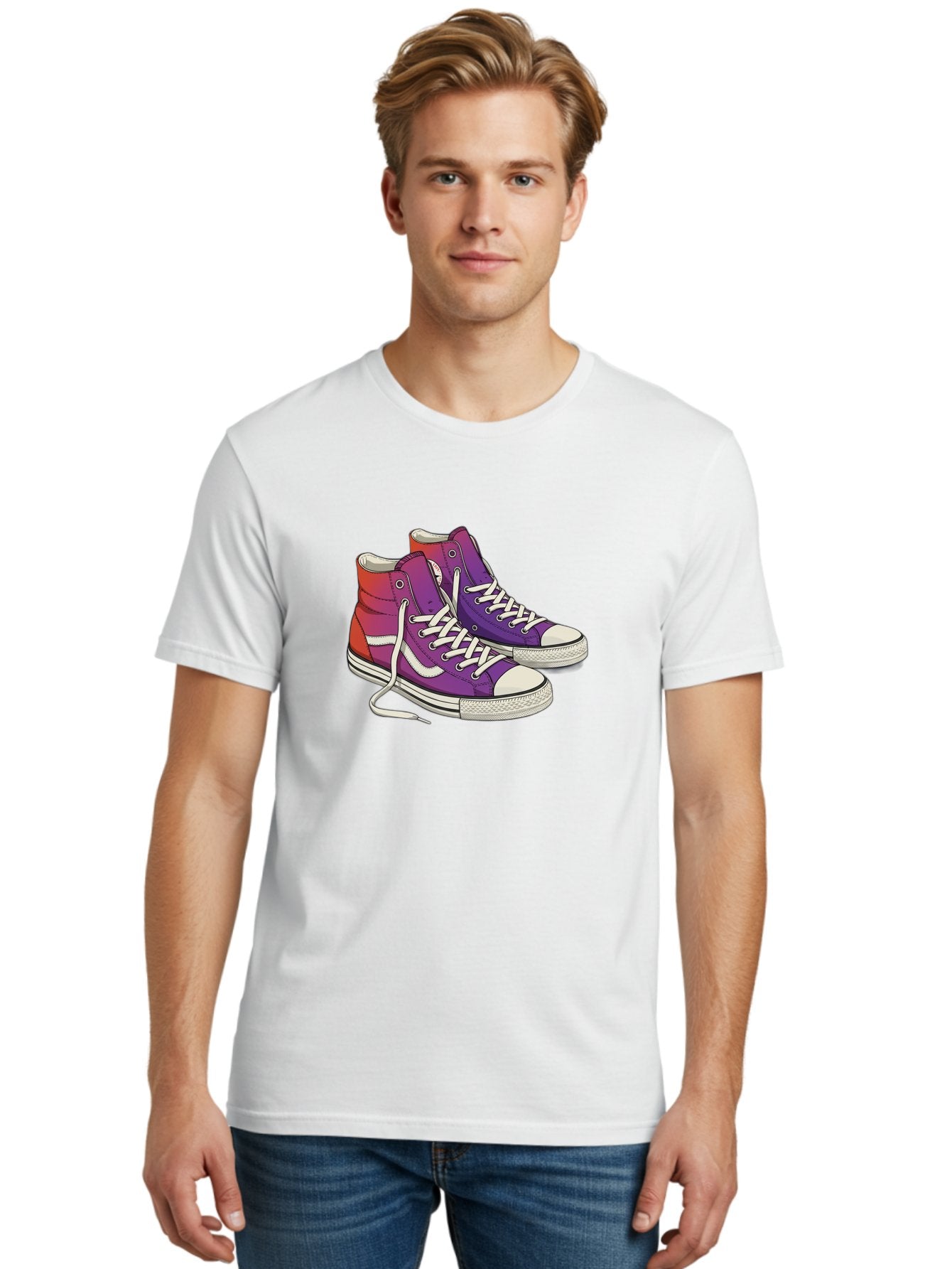 Purple-Sneakers Men'S Graphic Tee, 100% Cotton, Comfortable Casual Summer Wear, Machine Washable, Purple Sneakers, High-Top Shoes, White Laces, Canvas Sneakers, Fashion Footwear, Ombre Effect, Red To Purple Gradient Bab267 25