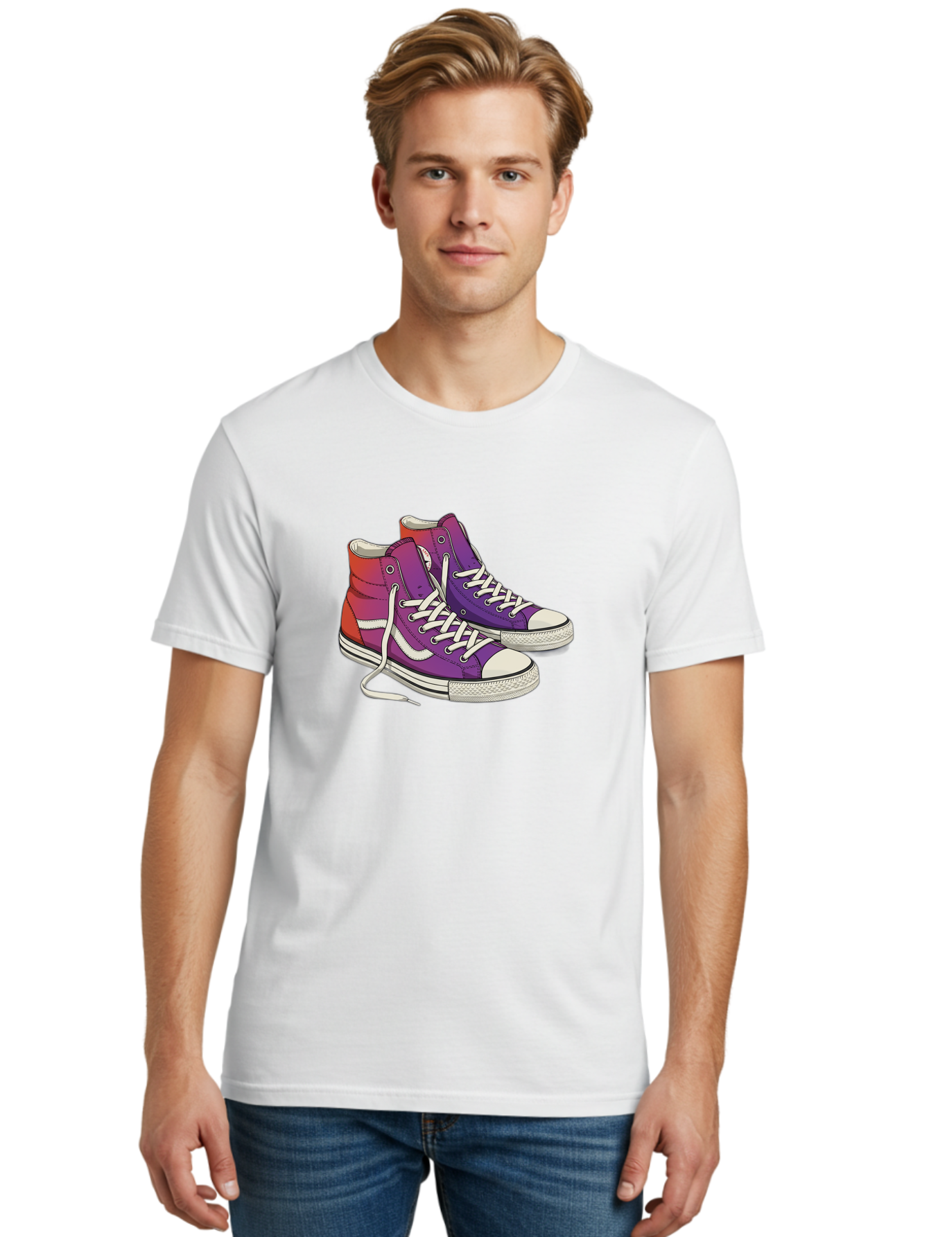 Purple-Sneakers Men'S Graphic Tee, 100% Cotton, Comfortable Casual Summer Wear, Machine Washable, Purple Sneakers, High-Top Shoes, White Laces, Canvas Sneakers, Fashion Footwear, Ombre Effect, Red To Purple Gradient Bab267 12