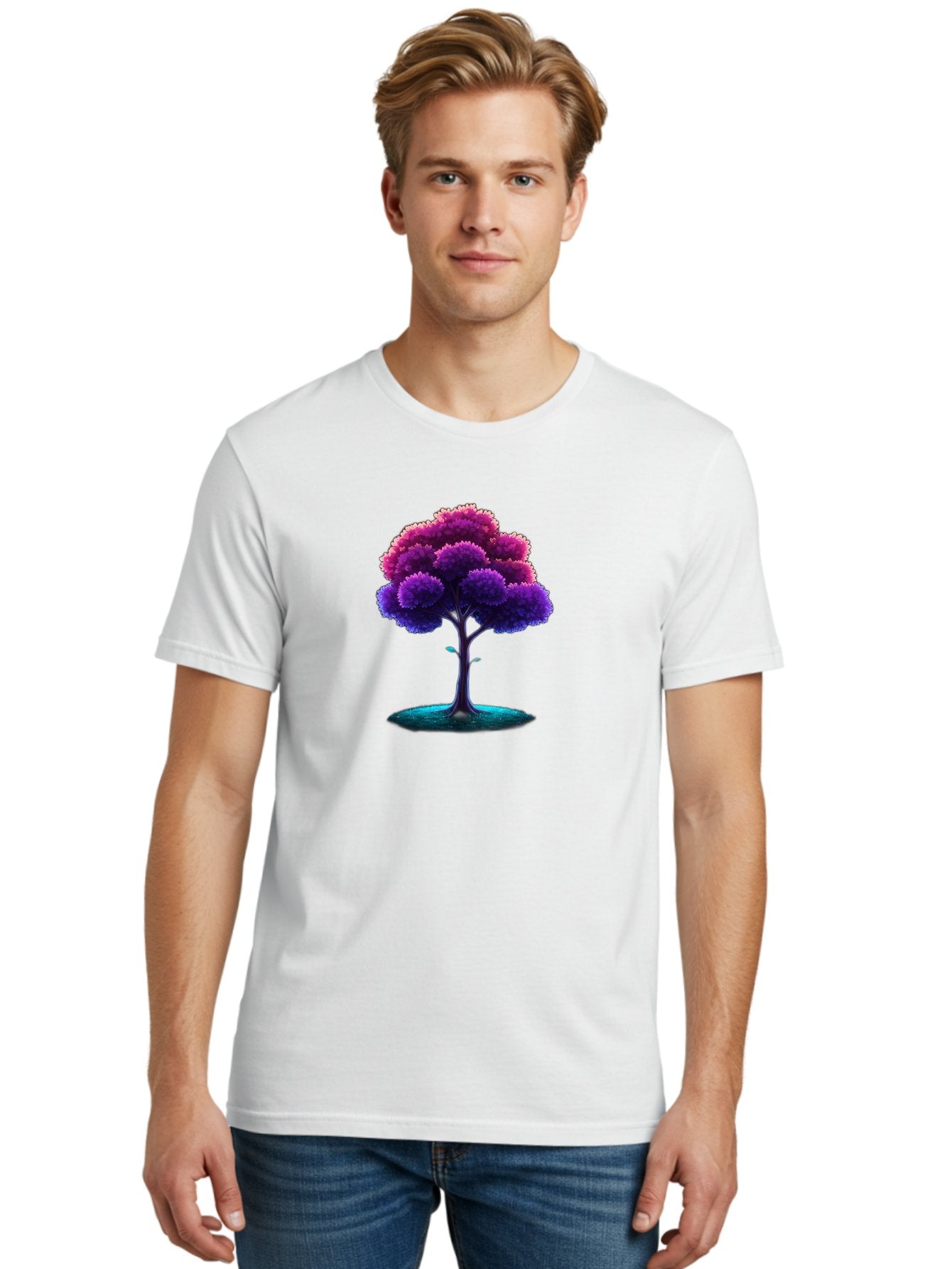 Purple-Tree Men'S Graphic Tee, 100% Cotton, Comfortable Casual Summer Wear, Machine Washable, Purple Tree, Colorful Tree, Vibrant Foliage, Digital Art, Fantasy Tree, Artistic Representation, Nature-Inspired Graphics, Gradient Colors, Bab268 25