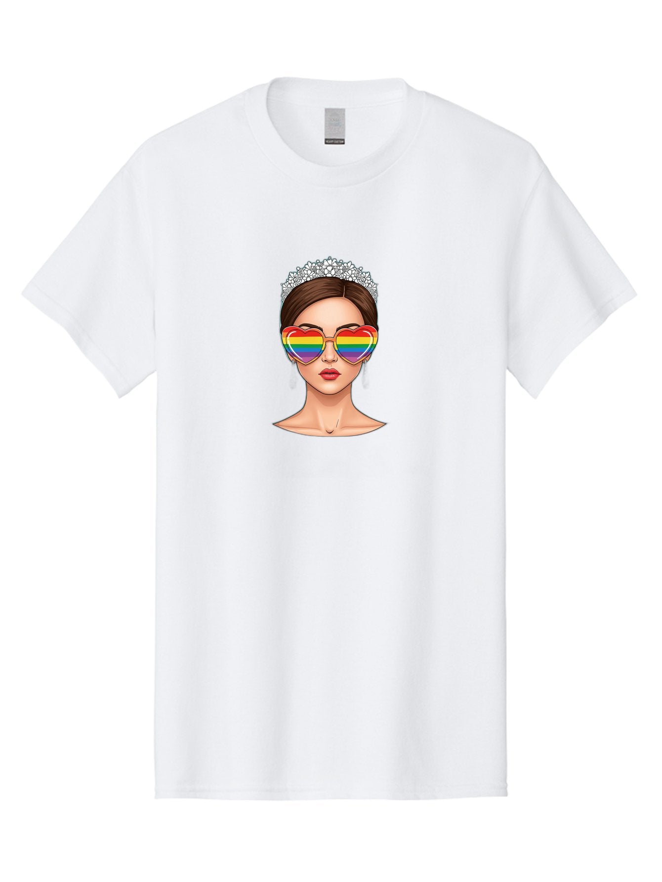 Queen-Of-Pride Men'S Graphic Tee, 100% Cotton, Comfortable Casual Summer Wear, Machine Washable, Heart-Shaped Sunglasses, Rainbow Colors, Lgbtq+ Pride, Glamorous Look, Tiara, Fashionable Accessories, Bold Statement, Rainbow Shades, Bab271 6