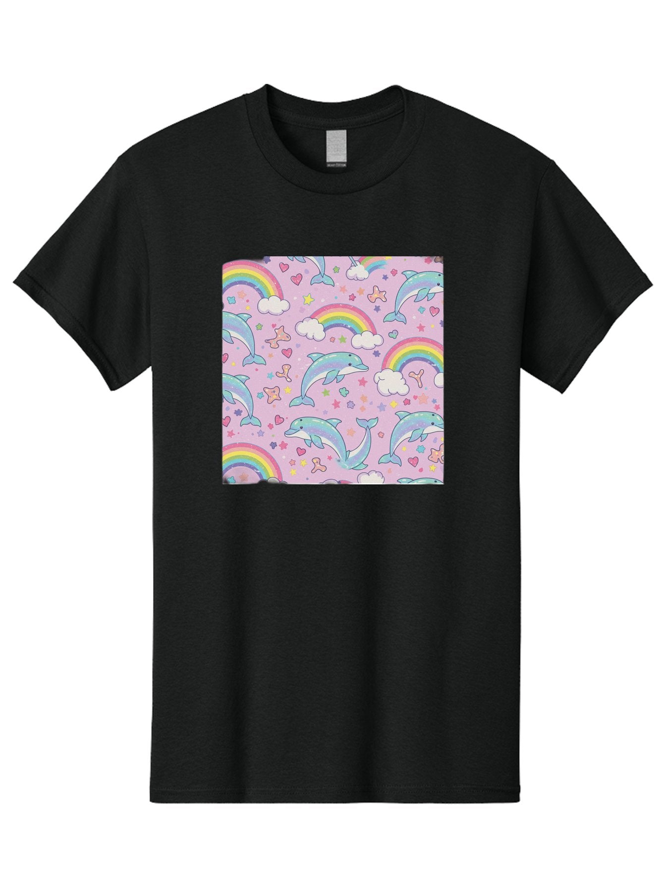 Rainbow-Dolphin-Pattern Men'S Graphic Tee, 100% Cotton, Comfortable Casual Summer Wear, Machine Washable, Dolphins, Rainbows, Clouds, Stars, Hearts, Pastel Colors, Whimsical Design, Playful Pattern, Childrens Theme, Fantasy Elements, Bab273 13