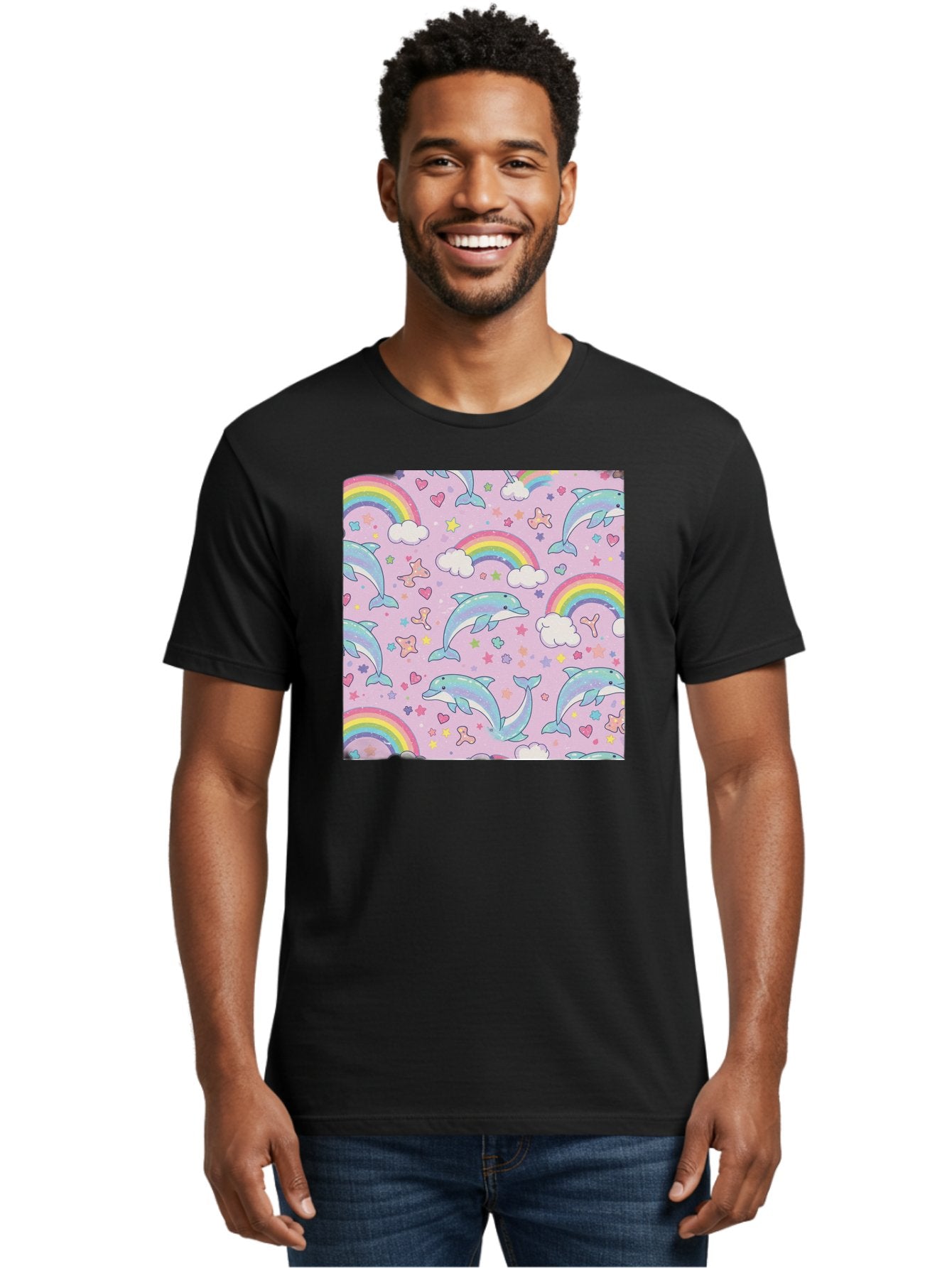 Rainbow-Dolphin-Pattern Men'S Graphic Tee, 100% Cotton, Comfortable Casual Summer Wear, Machine Washable, Dolphins, Rainbows, Clouds, Stars, Hearts, Pastel Colors, Whimsical Design, Playful Pattern, Childrens Theme, Fantasy Elements, Bab273 20