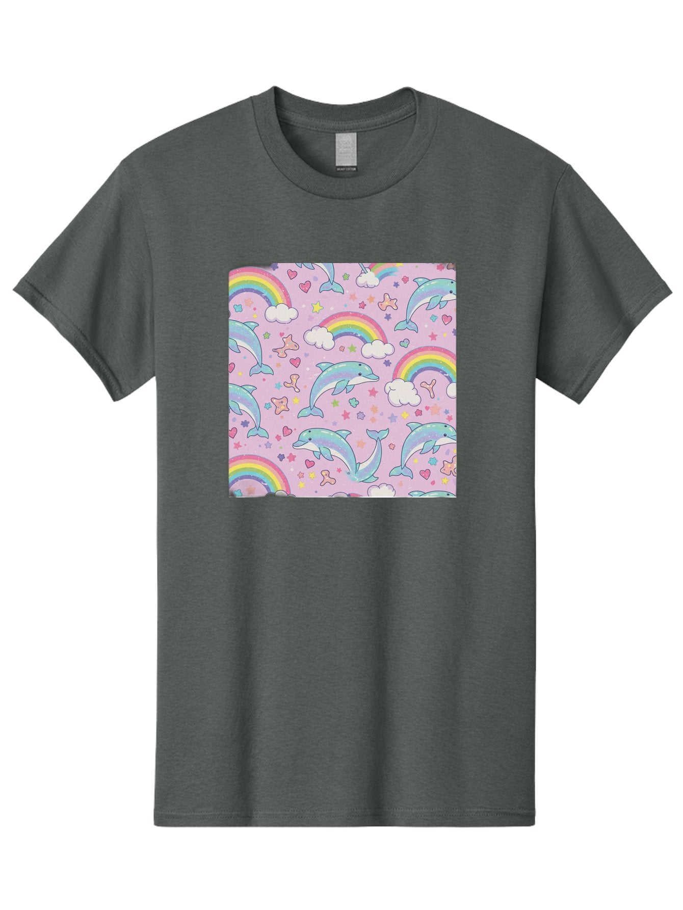 Rainbow-Dolphin-Pattern Men'S Graphic Tee, 100% Cotton, Comfortable Casual Summer Wear, Machine Washable, Dolphins, Rainbows, Clouds, Stars, Hearts, Pastel Colors, Whimsical Design, Playful Pattern, Childrens Theme, Fantasy Elements, Bab273