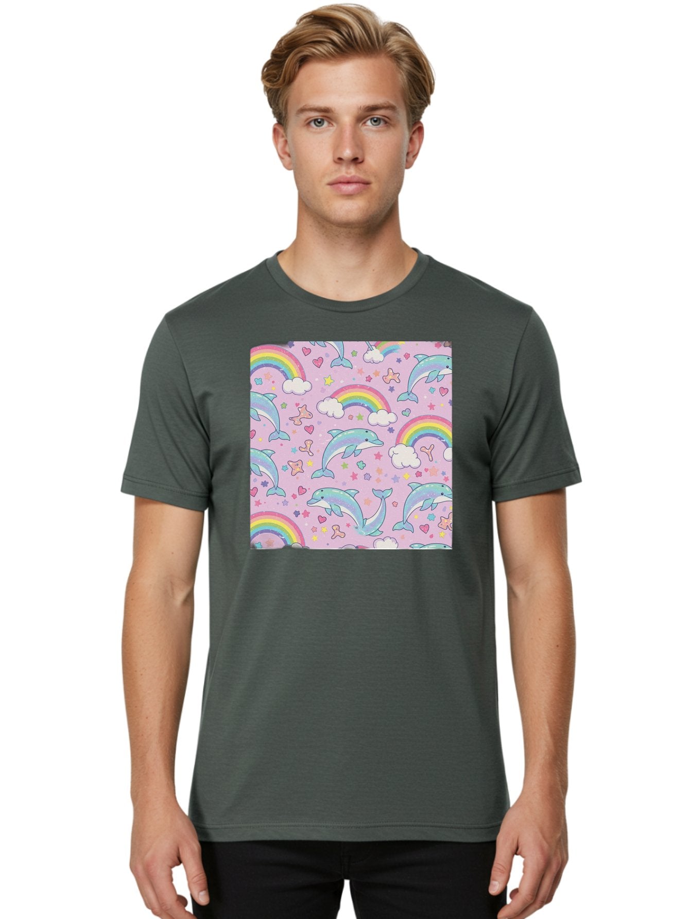Rainbow-Dolphin-Pattern Men'S Graphic Tee, 100% Cotton, Comfortable Casual Summer Wear, Machine Washable, Dolphins, Rainbows, Clouds, Stars, Hearts, Pastel Colors, Whimsical Design, Playful Pattern, Childrens Theme, Fantasy Elements, Bab273 21