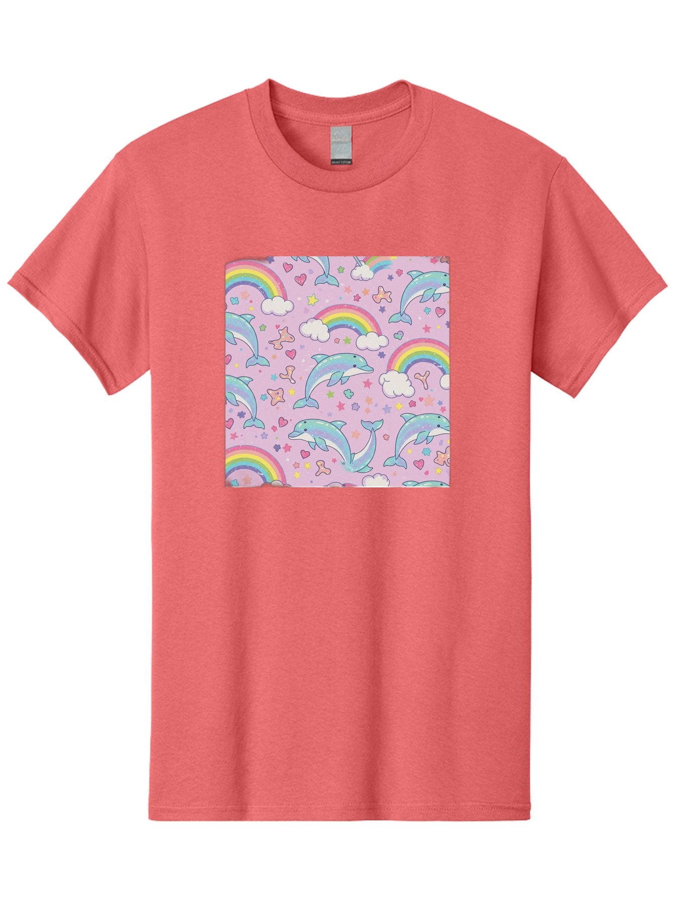 Rainbow-Dolphin-Pattern Men'S Graphic Tee, 100% Cotton, Comfortable Casual Summer Wear, Machine Washable, Dolphins, Rainbows, Clouds, Stars, Hearts, Pastel Colors, Whimsical Design, Playful Pattern, Childrens Theme, Fantasy Elements, Bab273 12
