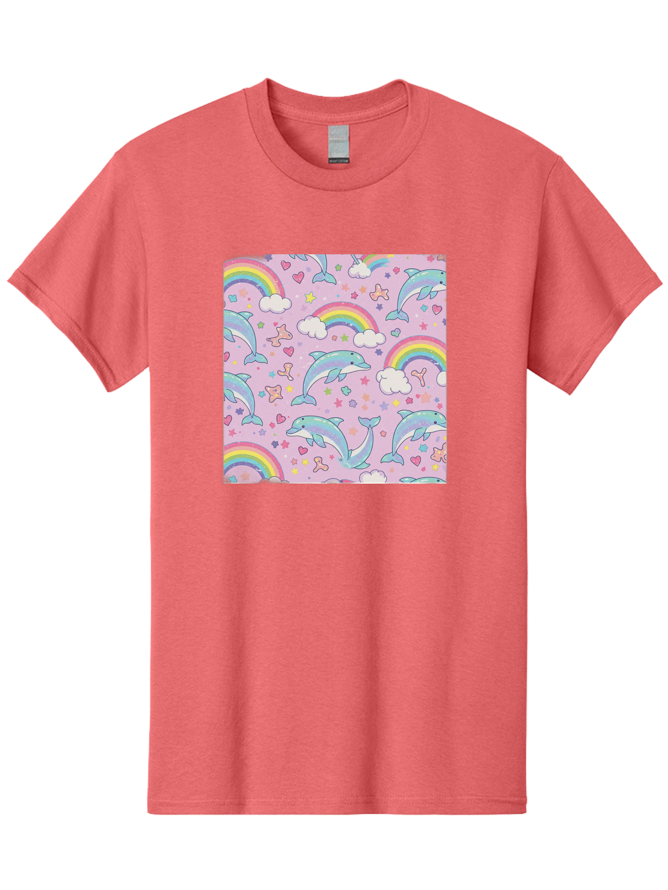 Rainbow-Dolphin-Pattern Men'S Graphic Tee, 100% Cotton, Comfortable Casual Summer Wear, Machine Washable, Dolphins, Rainbows, Clouds, Stars, Hearts, Pastel Colors, Whimsical Design, Playful Pattern, Childrens Theme, Fantasy Elements, Bab273 5