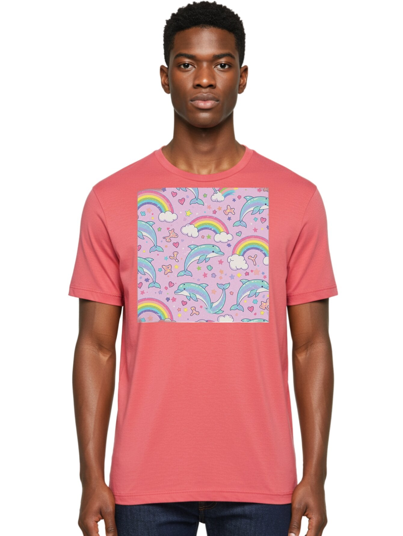 Rainbow-Dolphin-Pattern Men'S Graphic Tee, 100% Cotton, Comfortable Casual Summer Wear, Machine Washable, Dolphins, Rainbows, Clouds, Stars, Hearts, Pastel Colors, Whimsical Design, Playful Pattern, Childrens Theme, Fantasy Elements, Bab273 28
