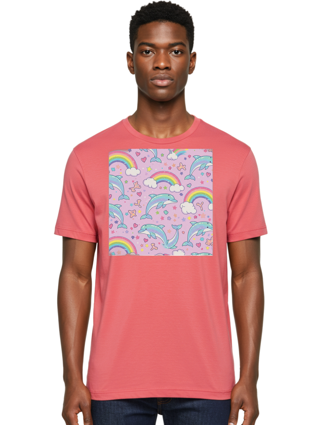 Rainbow-Dolphin-Pattern Men'S Graphic Tee, 100% Cotton, Comfortable Casual Summer Wear, Machine Washable, Dolphins, Rainbows, Clouds, Stars, Hearts, Pastel Colors, Whimsical Design, Playful Pattern, Childrens Theme, Fantasy Elements, Bab273 6