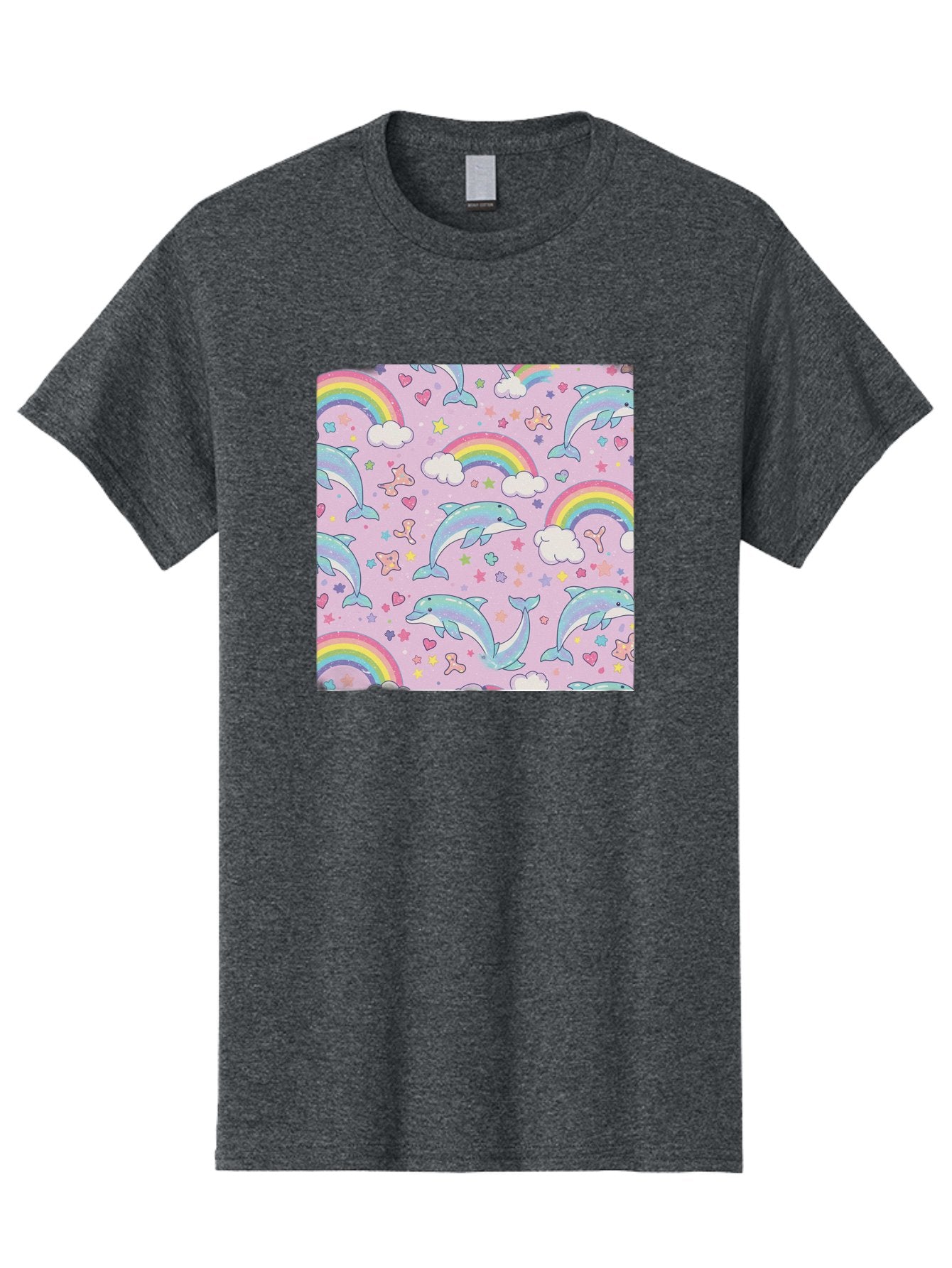 Rainbow-Dolphin-Pattern Men'S Graphic Tee, 100% Cotton, Comfortable Casual Summer Wear, Machine Washable, Dolphins, Rainbows, Clouds, Stars, Hearts, Pastel Colors, Whimsical Design, Playful Pattern, Childrens Theme, Fantasy Elements, Bab273 9