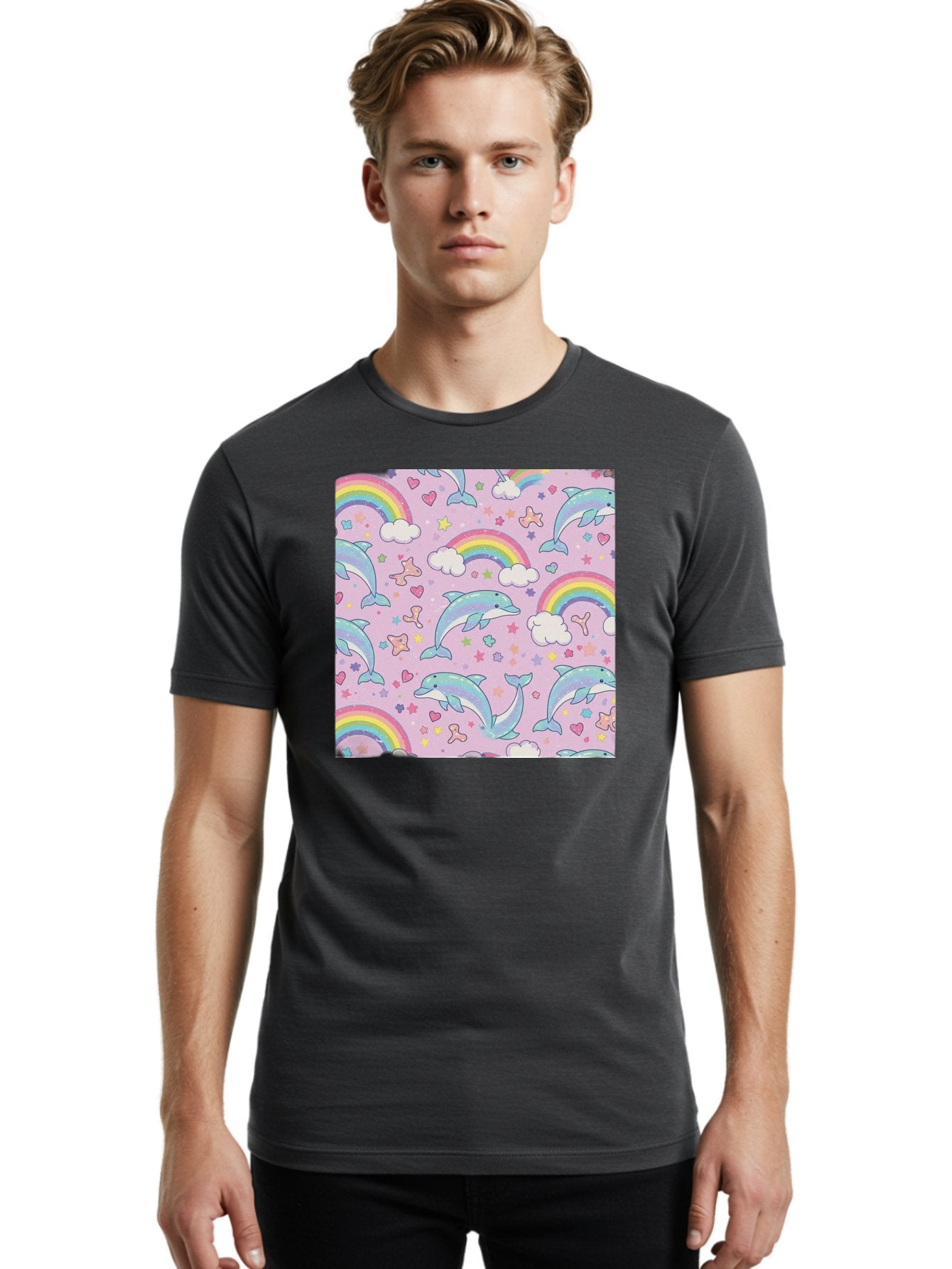 Rainbow-Dolphin-Pattern Men'S Graphic Tee, 100% Cotton, Comfortable Casual Summer Wear, Machine Washable, Dolphins, Rainbows, Clouds, Stars, Hearts, Pastel Colors, Whimsical Design, Playful Pattern, Childrens Theme, Fantasy Elements, Bab273 26