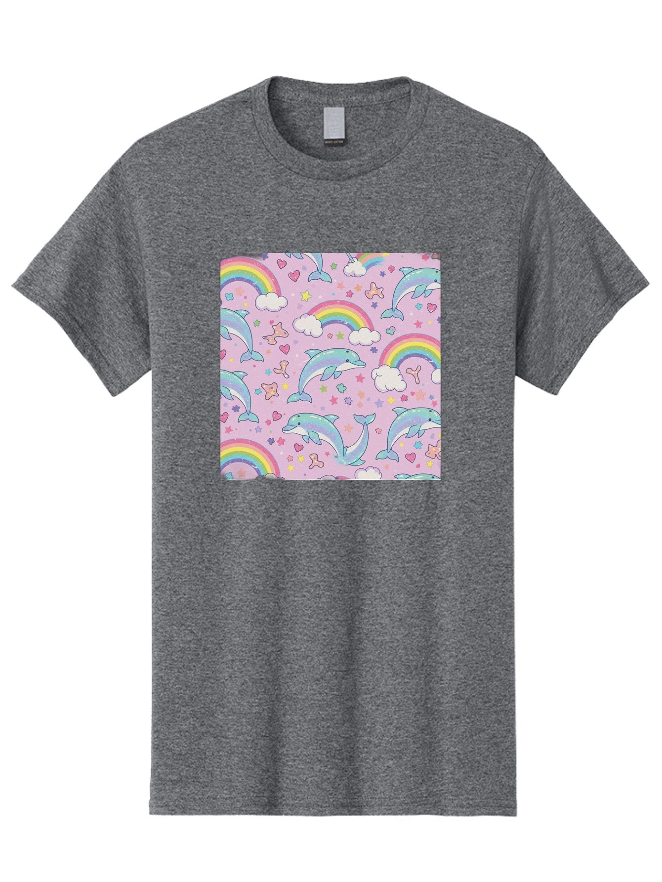 Rainbow-Dolphin-Pattern Men'S Graphic Tee, 100% Cotton, Comfortable Casual Summer Wear, Machine Washable, Dolphins, Rainbows, Clouds, Stars, Hearts, Pastel Colors, Whimsical Design, Playful Pattern, Childrens Theme, Fantasy Elements, Bab273 4