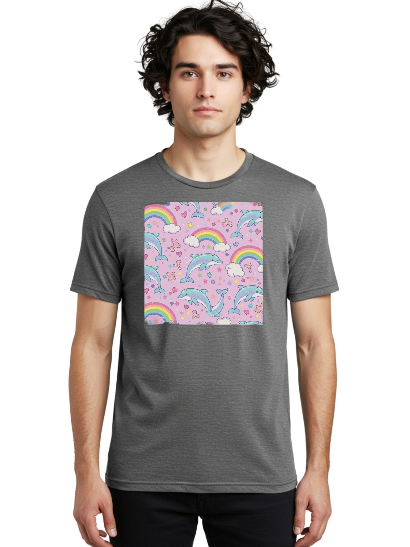 Rainbow-Dolphin-Pattern Men'S Graphic Tee, 100% Cotton, Comfortable Casual Summer Wear, Machine Washable, Dolphins, Rainbows, Clouds, Stars, Hearts, Pastel Colors, Whimsical Design, Playful Pattern, Childrens Theme, Fantasy Elements, Bab273 18