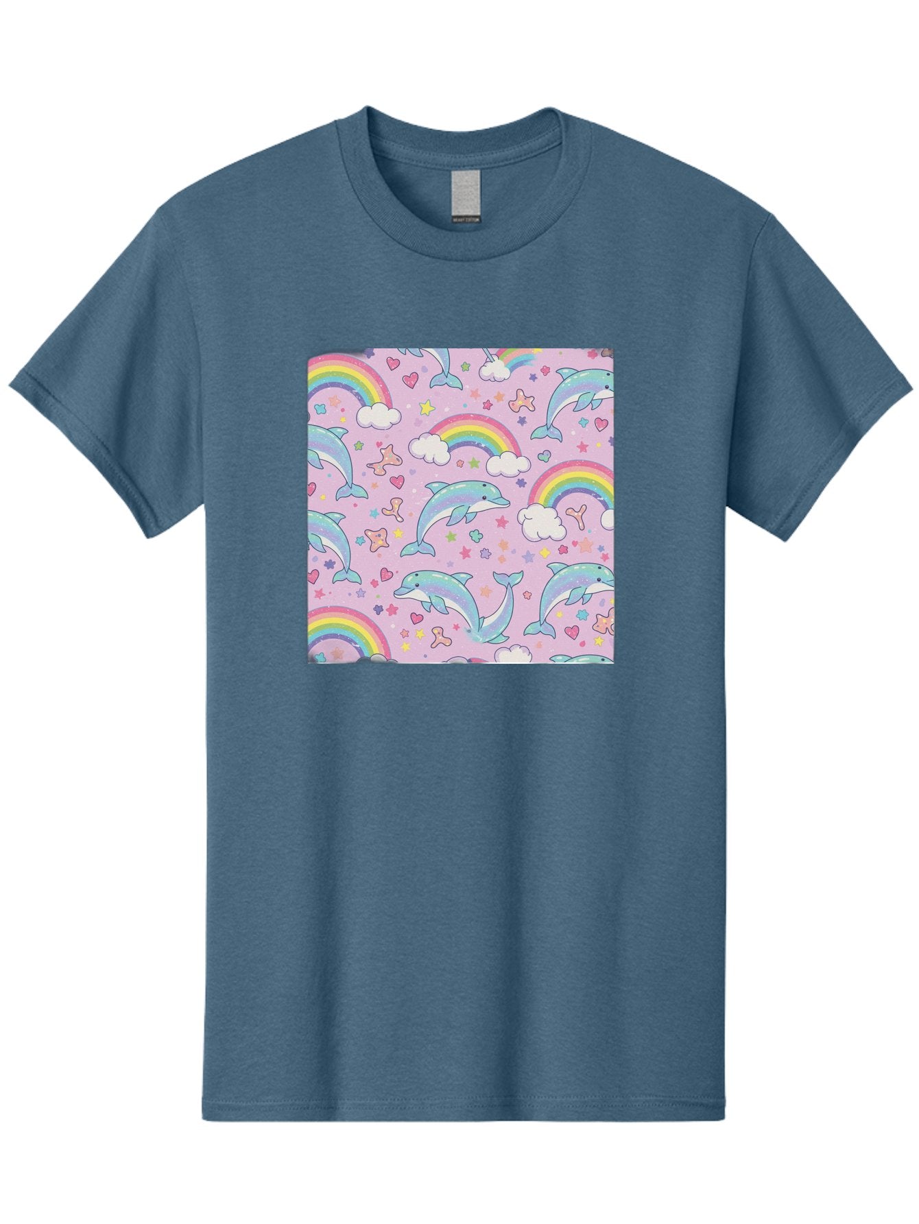 Rainbow-Dolphin-Pattern Men'S Graphic Tee, 100% Cotton, Comfortable Casual Summer Wear, Machine Washable, Dolphins, Rainbows, Clouds, Stars, Hearts, Pastel Colors, Whimsical Design, Playful Pattern, Childrens Theme, Fantasy Elements, Bab273 3