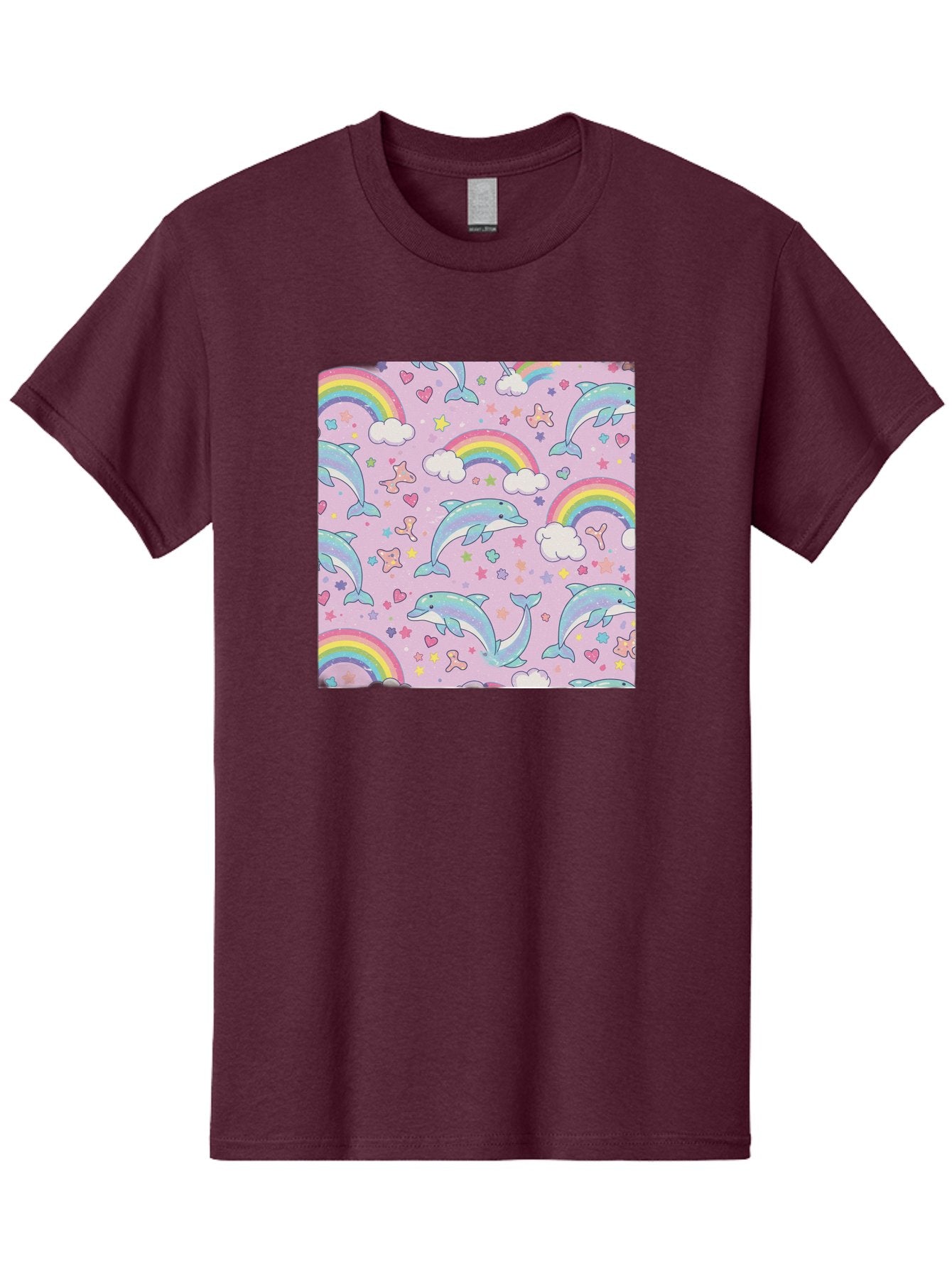 Rainbow-Dolphin-Pattern Men'S Graphic Tee, 100% Cotton, Comfortable Casual Summer Wear, Machine Washable, Dolphins, Rainbows, Clouds, Stars, Hearts, Pastel Colors, Whimsical Design, Playful Pattern, Childrens Theme, Fantasy Elements, Bab273 15