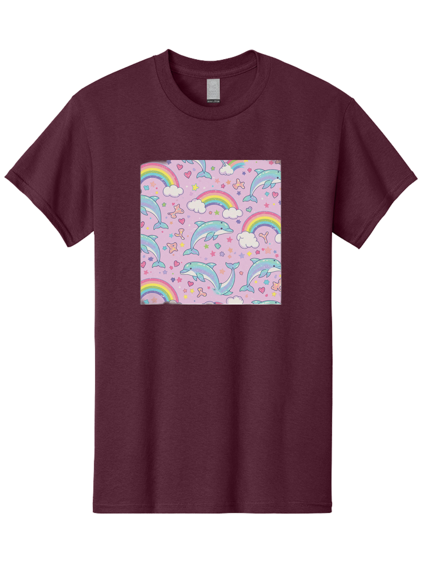 Rainbow-Dolphin-Pattern Men'S Graphic Tee, 100% Cotton, Comfortable Casual Summer Wear, Machine Washable, Dolphins, Rainbows, Clouds, Stars, Hearts, Pastel Colors, Whimsical Design, Playful Pattern, Childrens Theme, Fantasy Elements, Bab273 1