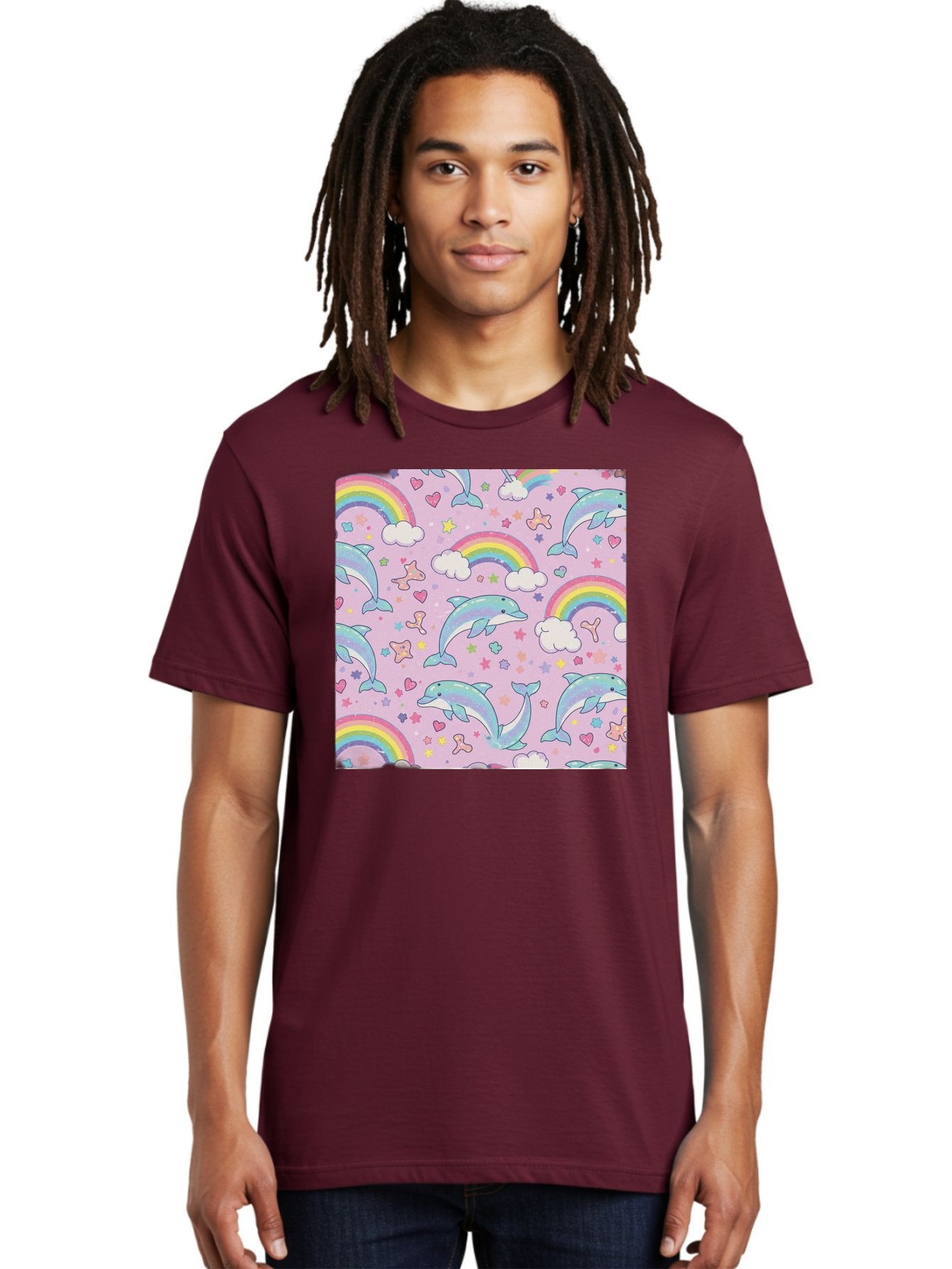 Rainbow-Dolphin-Pattern Men'S Graphic Tee, 100% Cotton, Comfortable Casual Summer Wear, Machine Washable, Dolphins, Rainbows, Clouds, Stars, Hearts, Pastel Colors, Whimsical Design, Playful Pattern, Childrens Theme, Fantasy Elements, Bab273 30