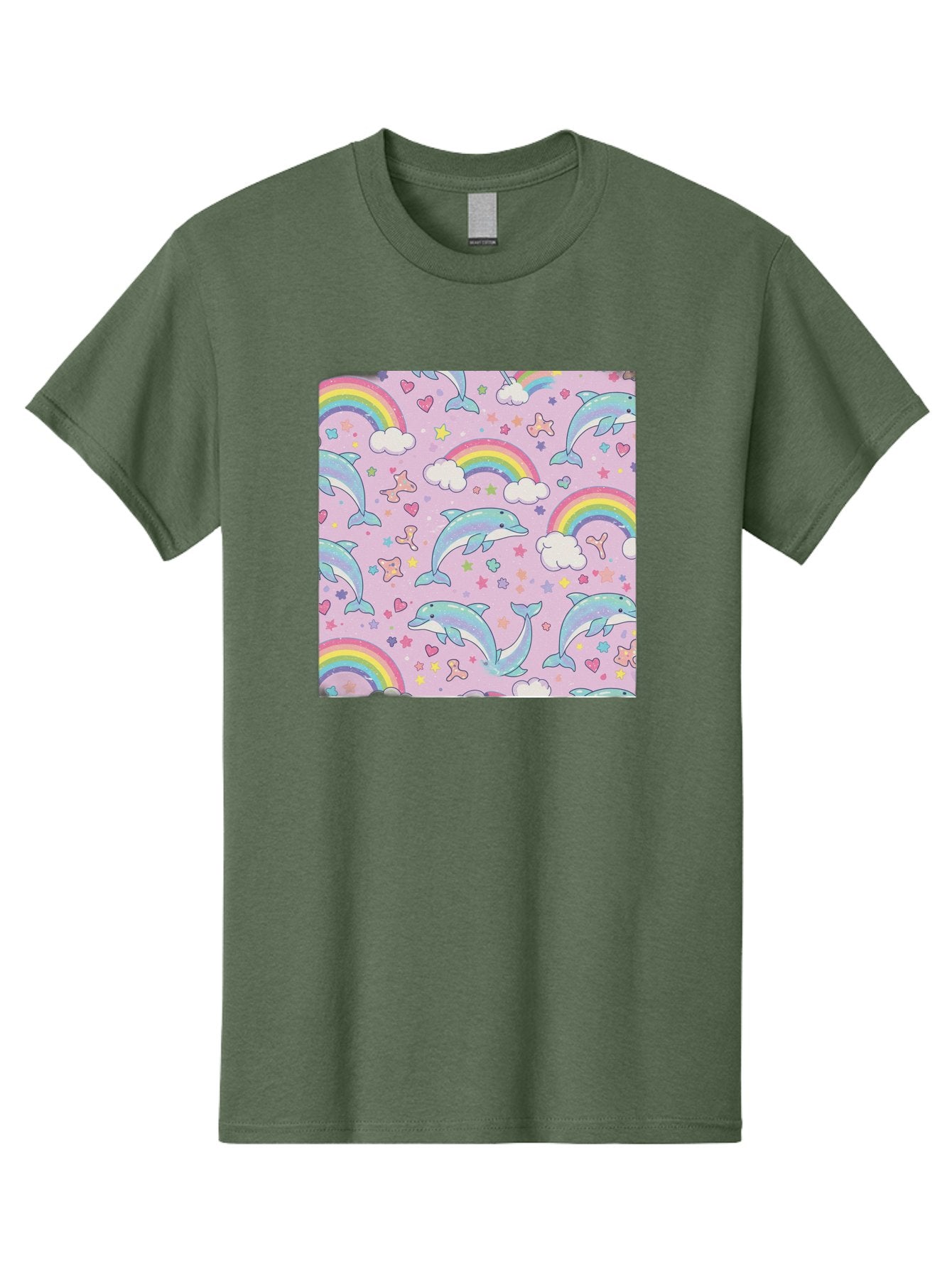 Rainbow-Dolphin-Pattern Men'S Graphic Tee, 100% Cotton, Comfortable Casual Summer Wear, Machine Washable, Dolphins, Rainbows, Clouds, Stars, Hearts, Pastel Colors, Whimsical Design, Playful Pattern, Childrens Theme, Fantasy Elements, Bab273