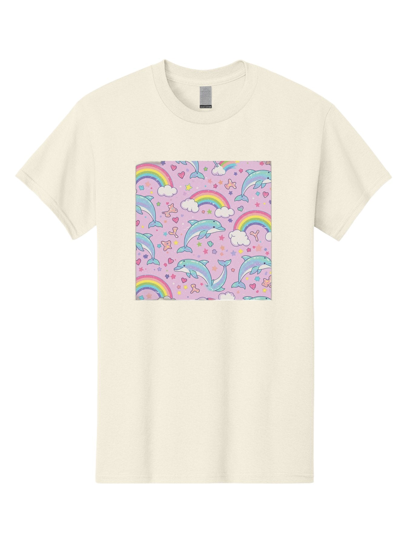 Rainbow-Dolphin-Pattern Men'S Graphic Tee, 100% Cotton, Comfortable Casual Summer Wear, Machine Washable, Dolphins, Rainbows, Clouds, Stars, Hearts, Pastel Colors, Whimsical Design, Playful Pattern, Childrens Theme, Fantasy Elements, Bab273 8