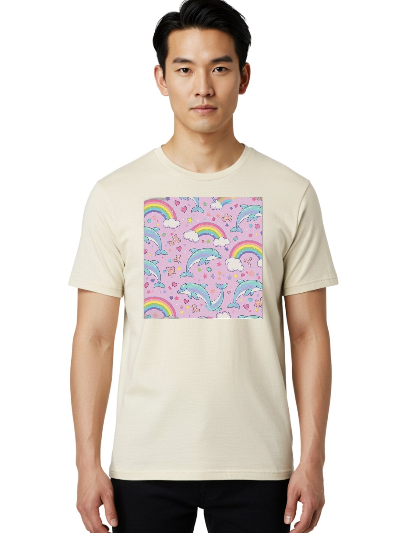 Rainbow-Dolphin-Pattern Men'S Graphic Tee, 100% Cotton, Comfortable Casual Summer Wear, Machine Washable, Dolphins, Rainbows, Clouds, Stars, Hearts, Pastel Colors, Whimsical Design, Playful Pattern, Childrens Theme, Fantasy Elements, Bab273 25