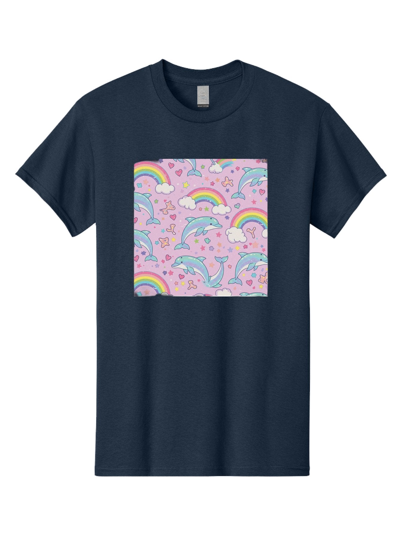 Rainbow-Dolphin-Pattern Men'S Graphic Tee, 100% Cotton, Comfortable Casual Summer Wear, Machine Washable, Dolphins, Rainbows, Clouds, Stars, Hearts, Pastel Colors, Whimsical Design, Playful Pattern, Childrens Theme, Fantasy Elements, Bab273 5