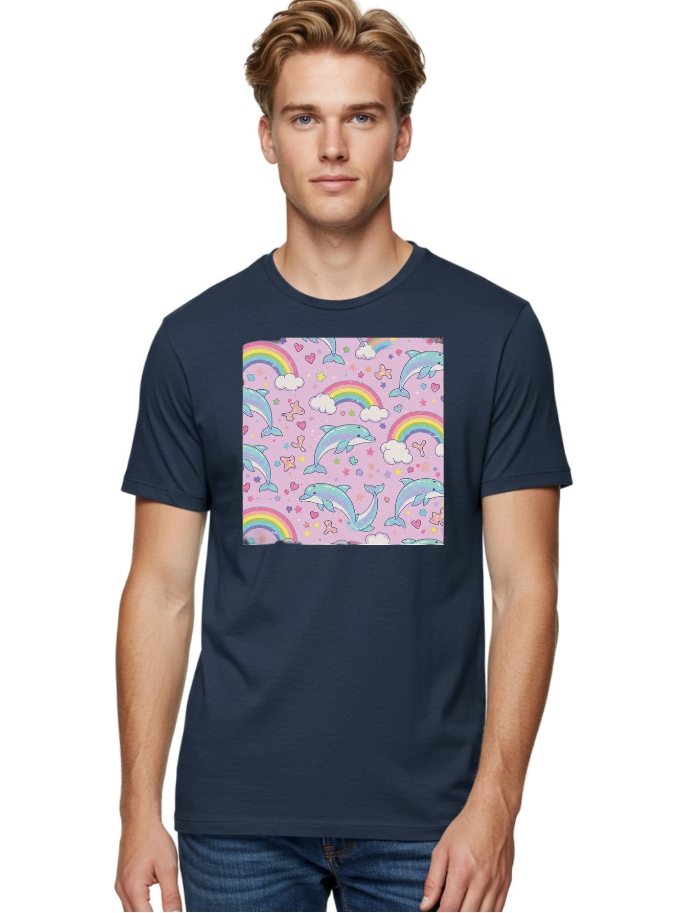Rainbow-Dolphin-Pattern Men'S Graphic Tee, 100% Cotton, Comfortable Casual Summer Wear, Machine Washable, Dolphins, Rainbows, Clouds, Stars, Hearts, Pastel Colors, Whimsical Design, Playful Pattern, Childrens Theme, Fantasy Elements, Bab273 23