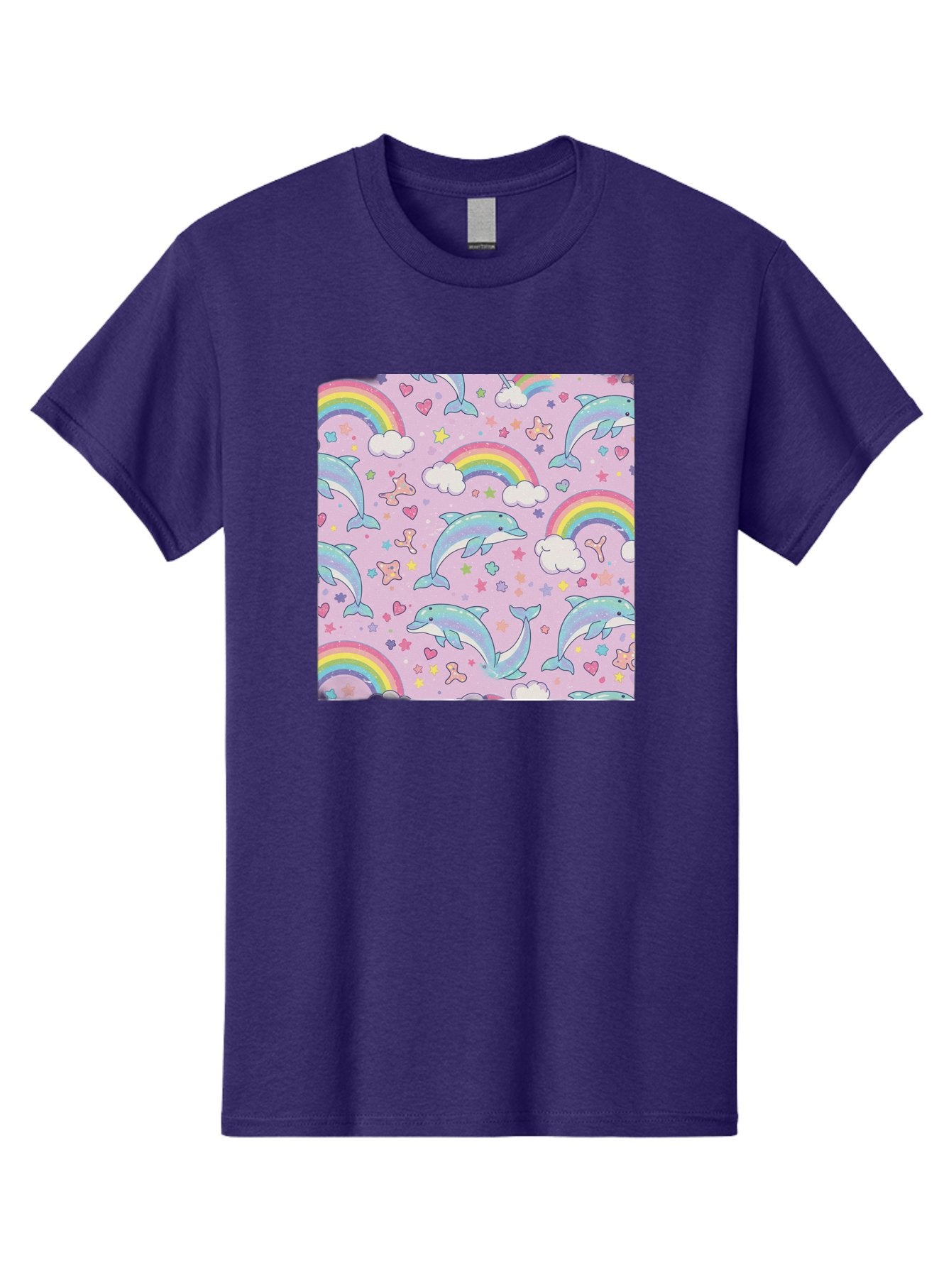 Rainbow-Dolphin-Pattern Men'S Graphic Tee, 100% Cotton, Comfortable Casual Summer Wear, Machine Washable, Dolphins, Rainbows, Clouds, Stars, Hearts, Pastel Colors, Whimsical Design, Playful Pattern, Childrens Theme, Fantasy Elements, Bab273 14