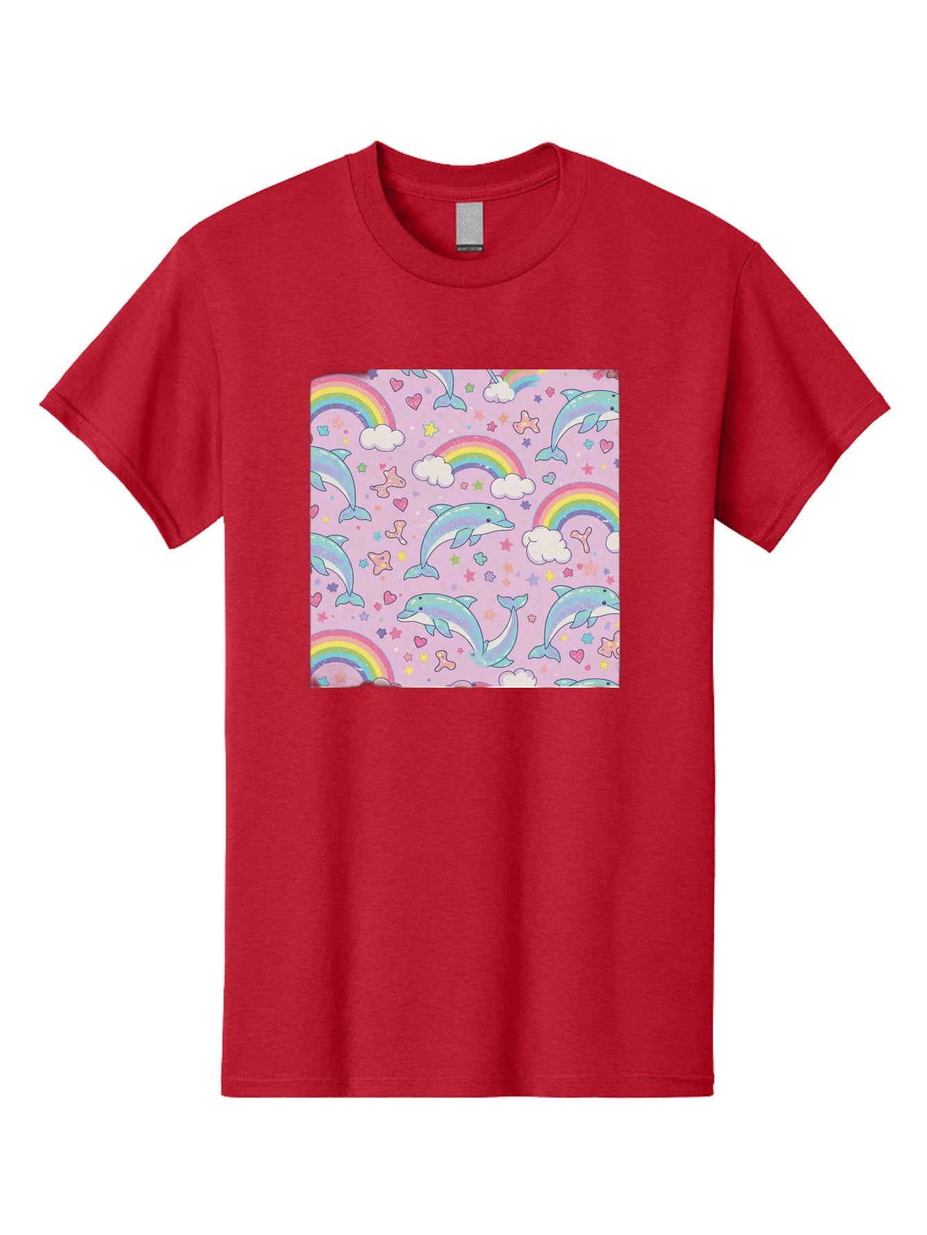 Rainbow-Dolphin-Pattern Men'S Graphic Tee, 100% Cotton, Comfortable Casual Summer Wear, Machine Washable, Dolphins, Rainbows, Clouds, Stars, Hearts, Pastel Colors, Whimsical Design, Playful Pattern, Childrens Theme, Fantasy Elements, Bab273 10
