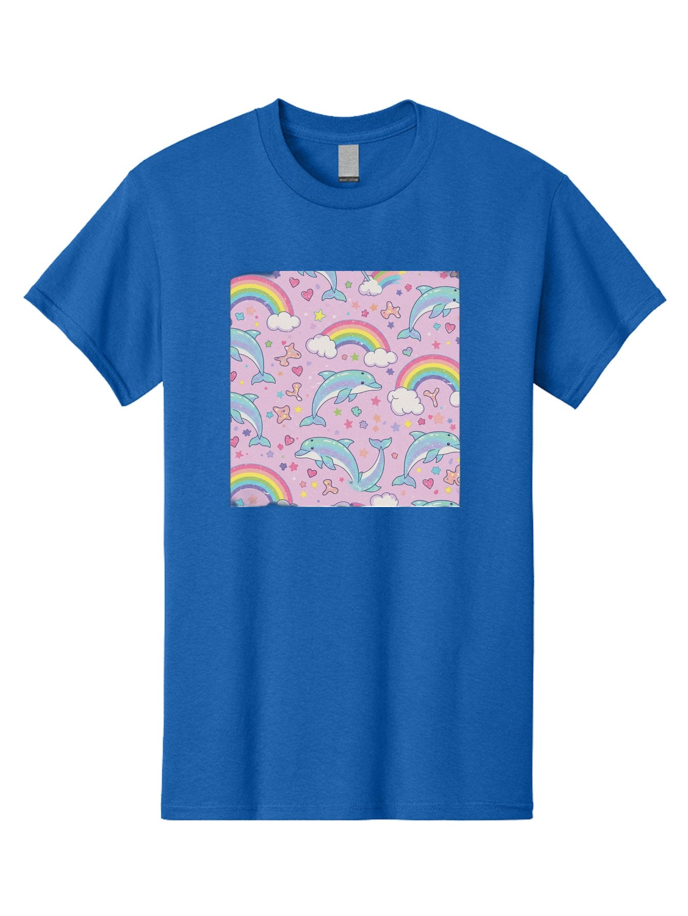 Rainbow-Dolphin-Pattern Men'S Graphic Tee, 100% Cotton, Comfortable Casual Summer Wear, Machine Washable, Dolphins, Rainbows, Clouds, Stars, Hearts, Pastel Colors, Whimsical Design, Playful Pattern, Childrens Theme, Fantasy Elements, Bab273 7