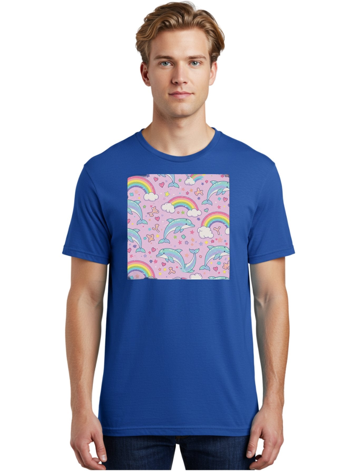 Rainbow-Dolphin-Pattern Men'S Graphic Tee, 100% Cotton, Comfortable Casual Summer Wear, Machine Washable, Dolphins, Rainbows, Clouds, Stars, Hearts, Pastel Colors, Whimsical Design, Playful Pattern, Childrens Theme, Fantasy Elements, Bab273 16