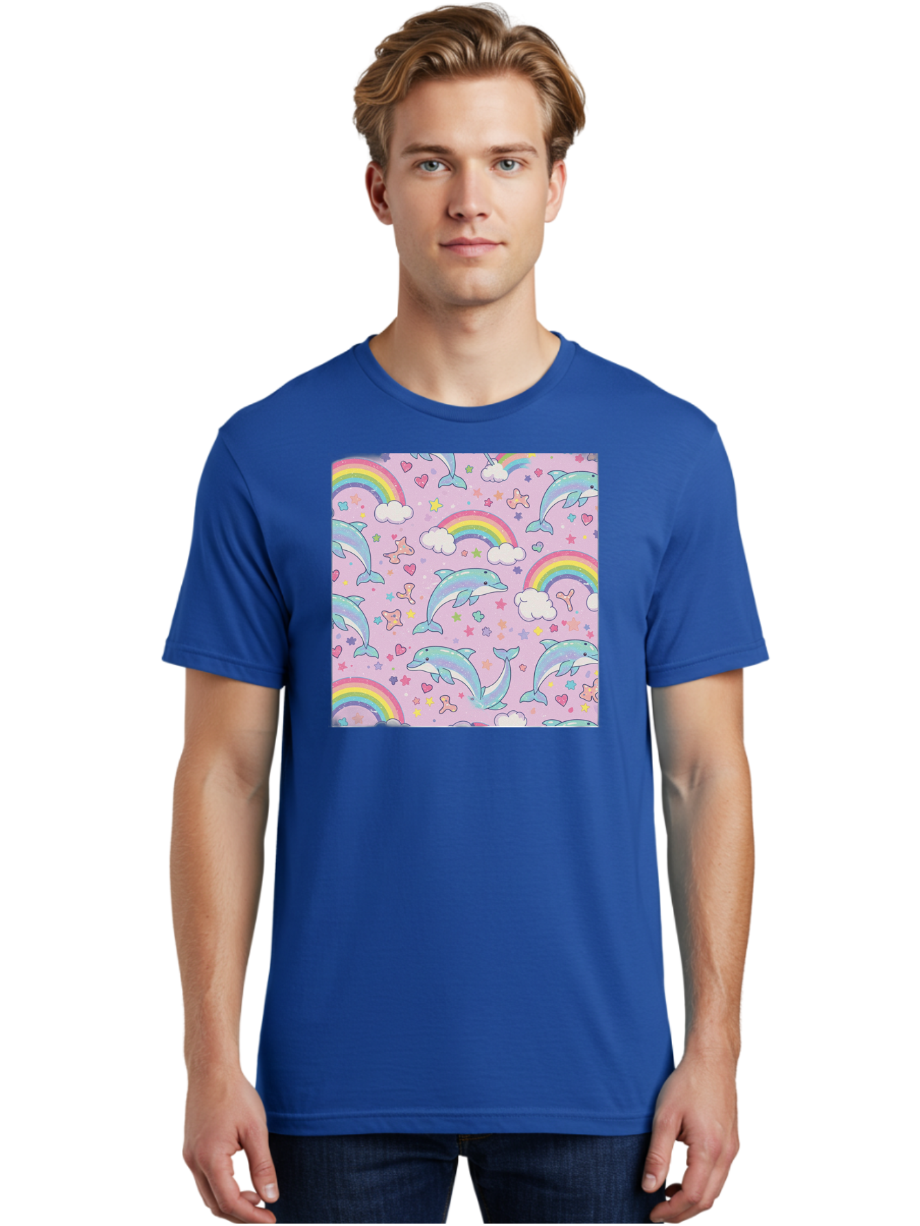 Rainbow-Dolphin-Pattern Men'S Graphic Tee, 100% Cotton, Comfortable Casual Summer Wear, Machine Washable, Dolphins, Rainbows, Clouds, Stars, Hearts, Pastel Colors, Whimsical Design, Playful Pattern, Childrens Theme, Fantasy Elements, Bab273 26