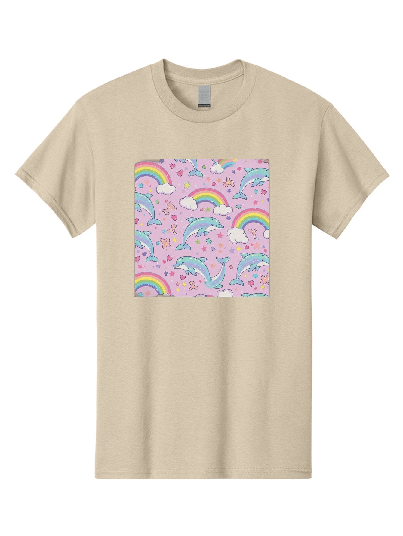 Rainbow-Dolphin-Pattern Men'S Graphic Tee, 100% Cotton, Comfortable Casual Summer Wear, Machine Washable, Dolphins, Rainbows, Clouds, Stars, Hearts, Pastel Colors, Whimsical Design, Playful Pattern, Childrens Theme, Fantasy Elements, Bab273 11