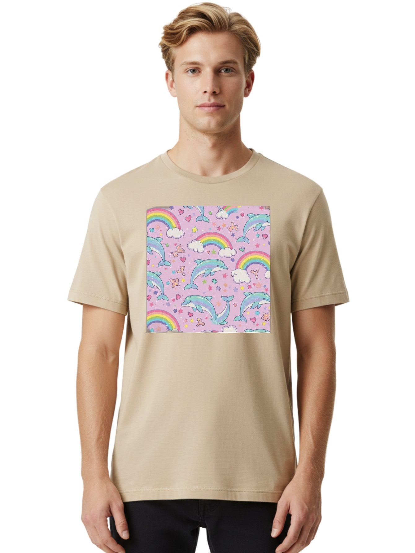 Rainbow-Dolphin-Pattern Men'S Graphic Tee, 100% Cotton, Comfortable Casual Summer Wear, Machine Washable, Dolphins, Rainbows, Clouds, Stars, Hearts, Pastel Colors, Whimsical Design, Playful Pattern, Childrens Theme, Fantasy Elements, Bab273 27