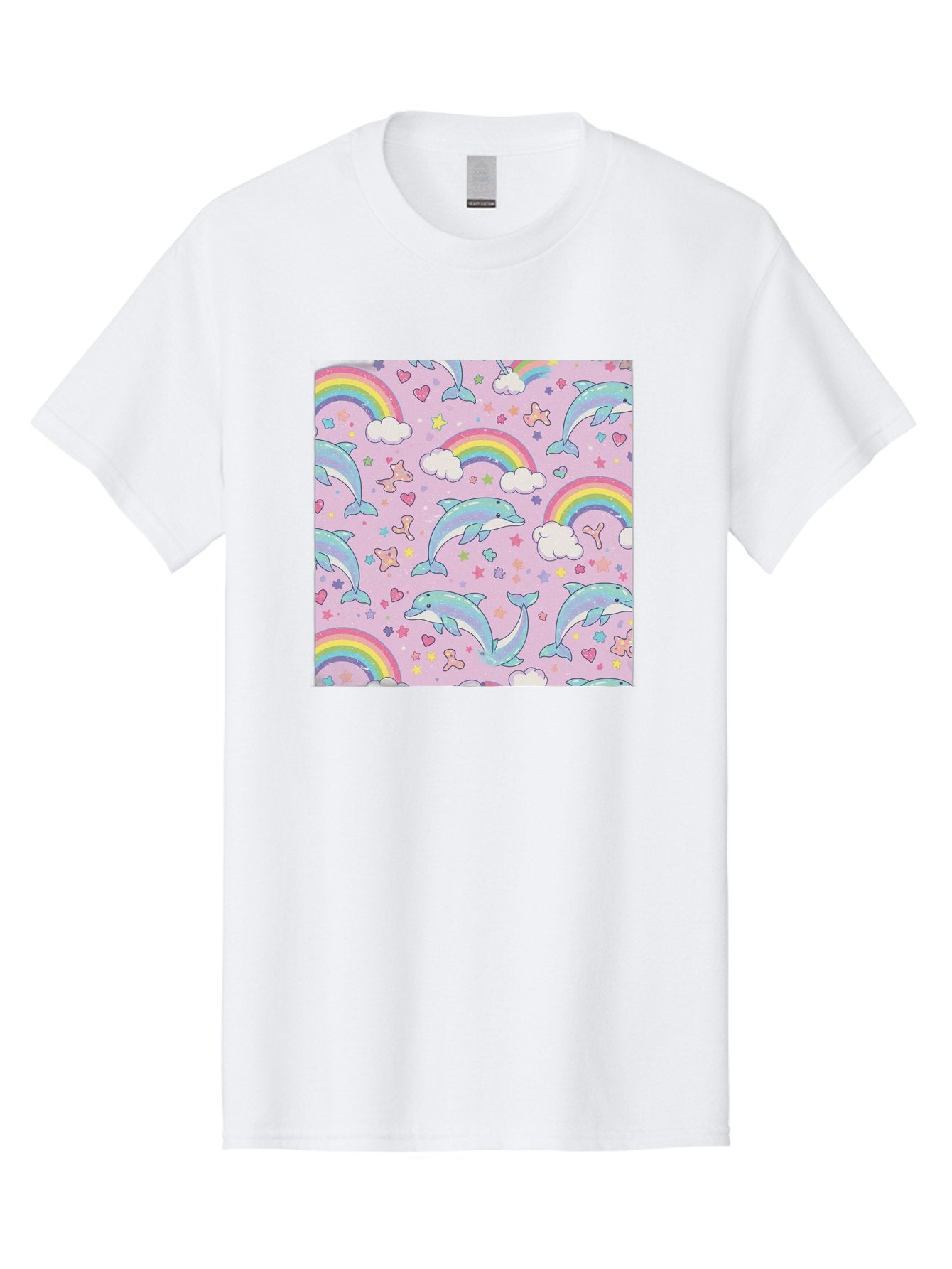 Rainbow-Dolphin-Pattern Men'S Graphic Tee, 100% Cotton, Comfortable Casual Summer Wear, Machine Washable, Dolphins, Rainbows, Clouds, Stars, Hearts, Pastel Colors, Whimsical Design, Playful Pattern, Childrens Theme, Fantasy Elements, Bab273 6