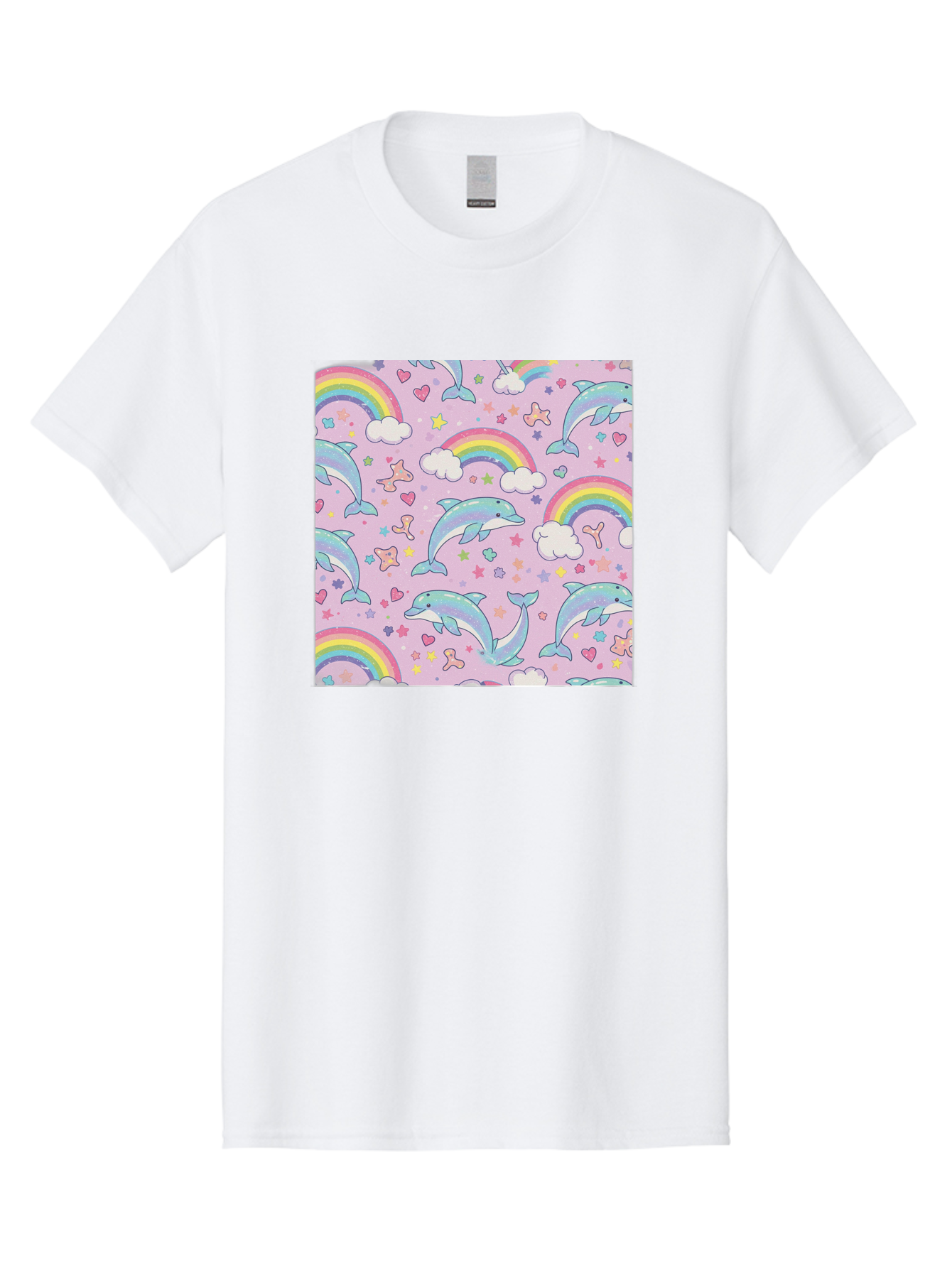 Rainbow-Dolphin-Pattern Men'S Graphic Tee, 100% Cotton, Comfortable Casual Summer Wear, Machine Washable, Dolphins, Rainbows, Clouds, Stars, Hearts, Pastel Colors, Whimsical Design, Playful Pattern, Childrens Theme, Fantasy Elements, Bab273 13
