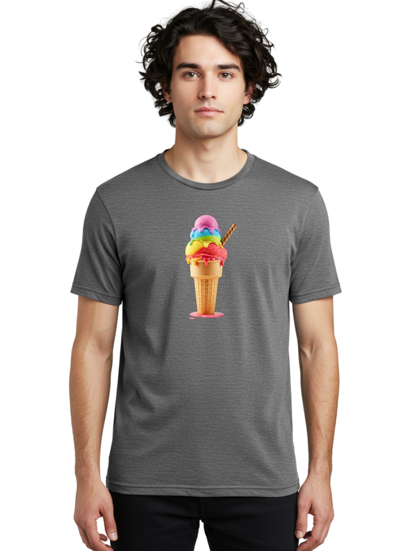 Rainbow-Ice-Cream Men'S Graphic Tee, 100% Cotton, Comfortable Casual Summer Wear, Machine Washable, Rainbow Ice Cream, Colorful Dessert, Sweet Treats, Multi-Colored Ice Cream, Waffle Cone, Dripping Ice Cream, Colorful Scoop, Tasty, Bab274 21