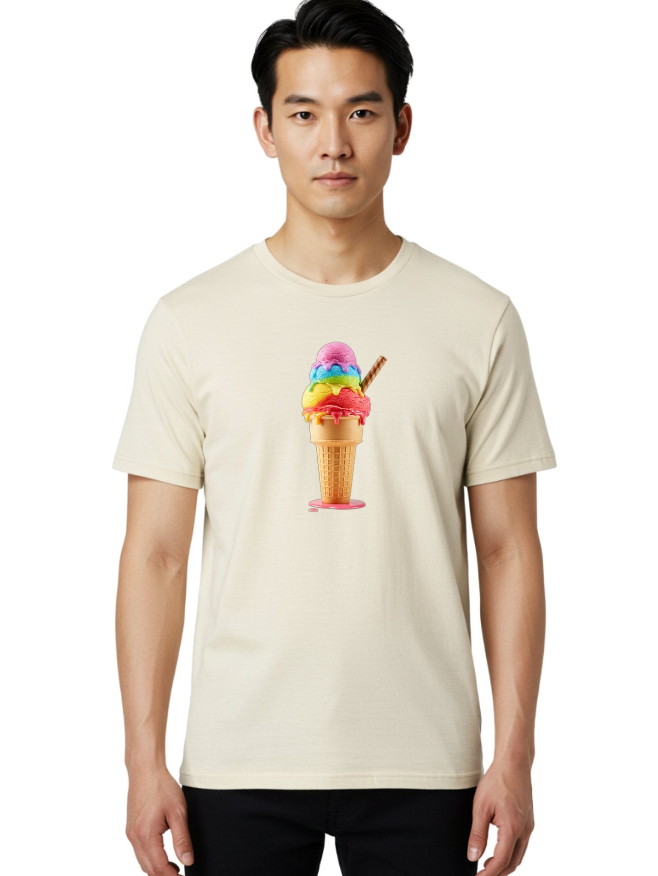 Rainbow-Ice-Cream Men'S Graphic Tee, 100% Cotton, Comfortable Casual Summer Wear, Machine Washable, Rainbow Ice Cream, Colorful Dessert, Sweet Treats, Multi-Colored Ice Cream, Waffle Cone, Dripping Ice Cream, Colorful Scoop, Tasty, Bab274 28