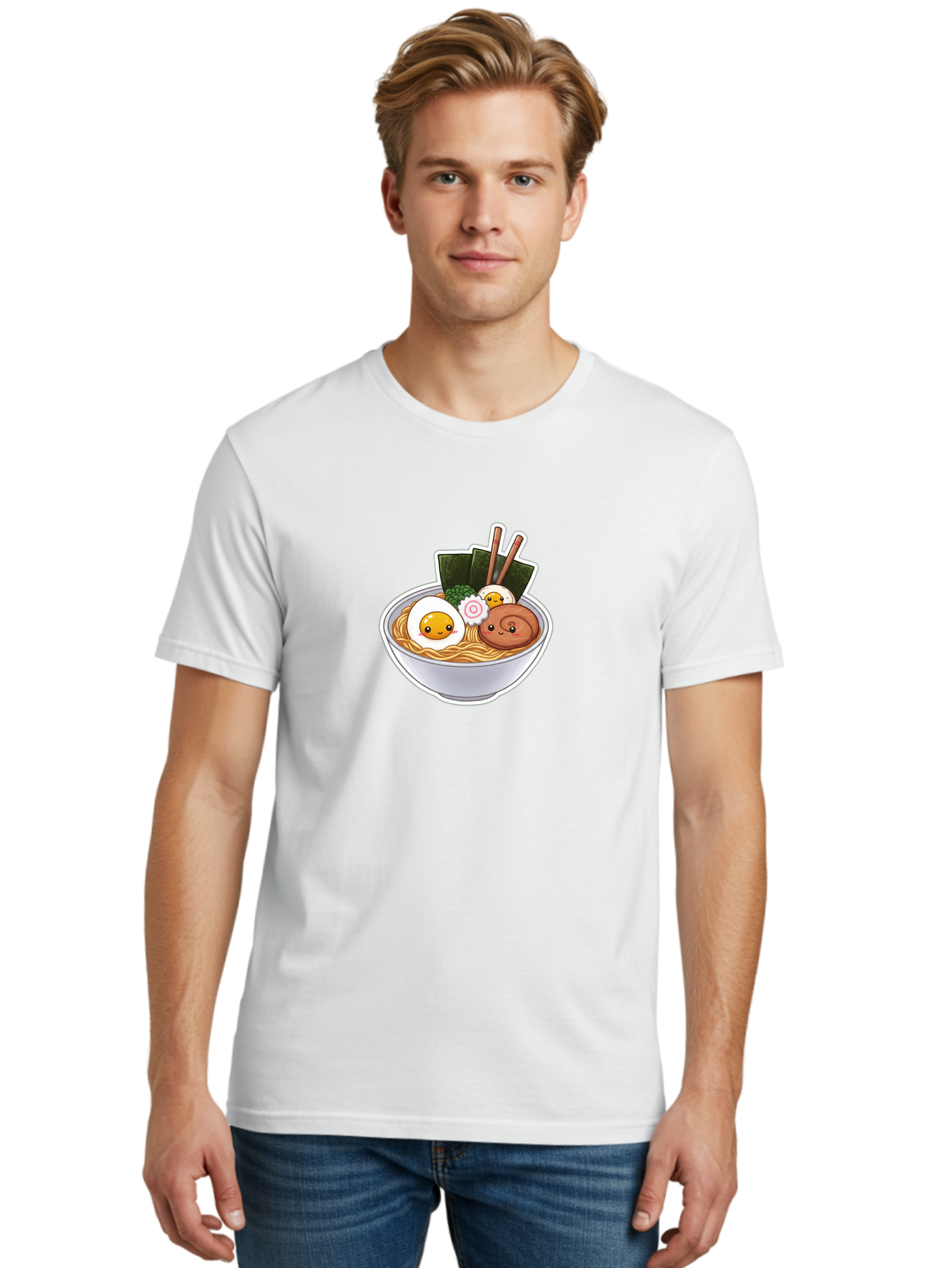 Ramen-5 Men'S Graphic Tee, 100% Cotton, Comfortable Casual Summer Wear, Machine Washable, Ramen Noodles, Cartoon Egg, Boiled Egg, Smiling Egg, Seaweed, Chopsticks, Cartoon Ramen, Japanese Food, Animated Meal, Noodle Soup Bab285